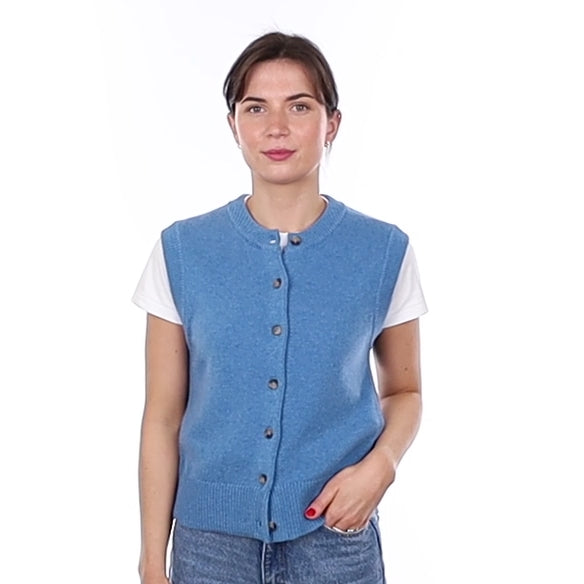 Brand New Mediterranean Blue Luxury Cashmere Crew Neck Waistcoat Small UK 8-10