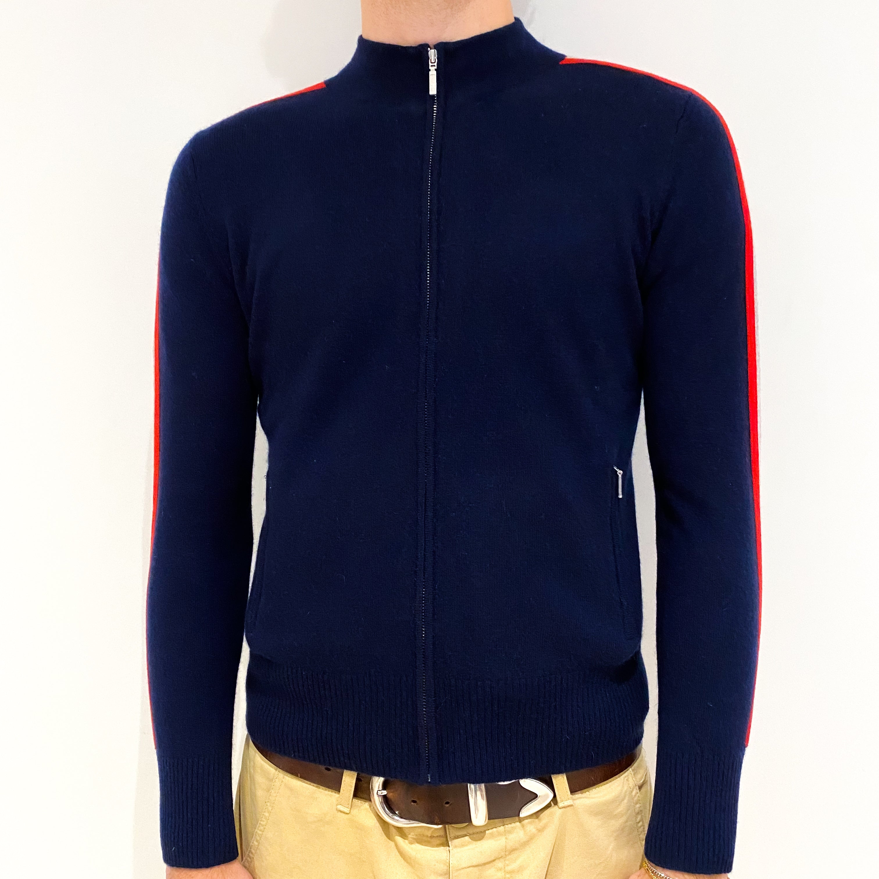 Men's Navy Red Stripe Cashmere Zip Up Cardigan Large