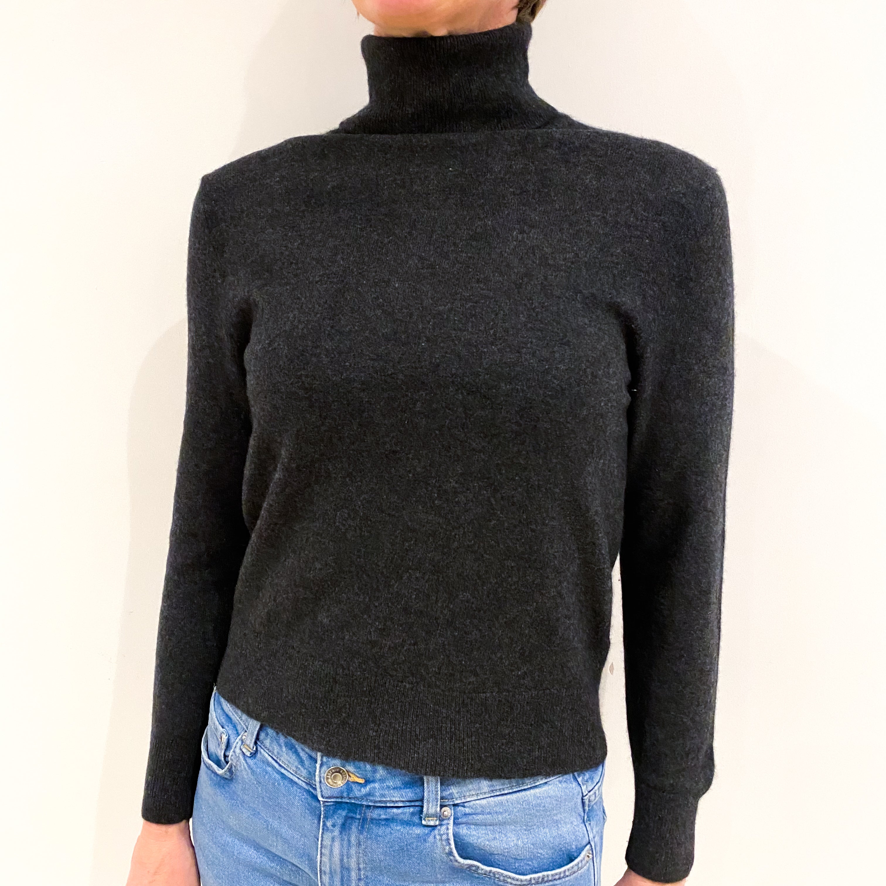 Charcoal Grey Cashmere Polo Neck Jumper Small