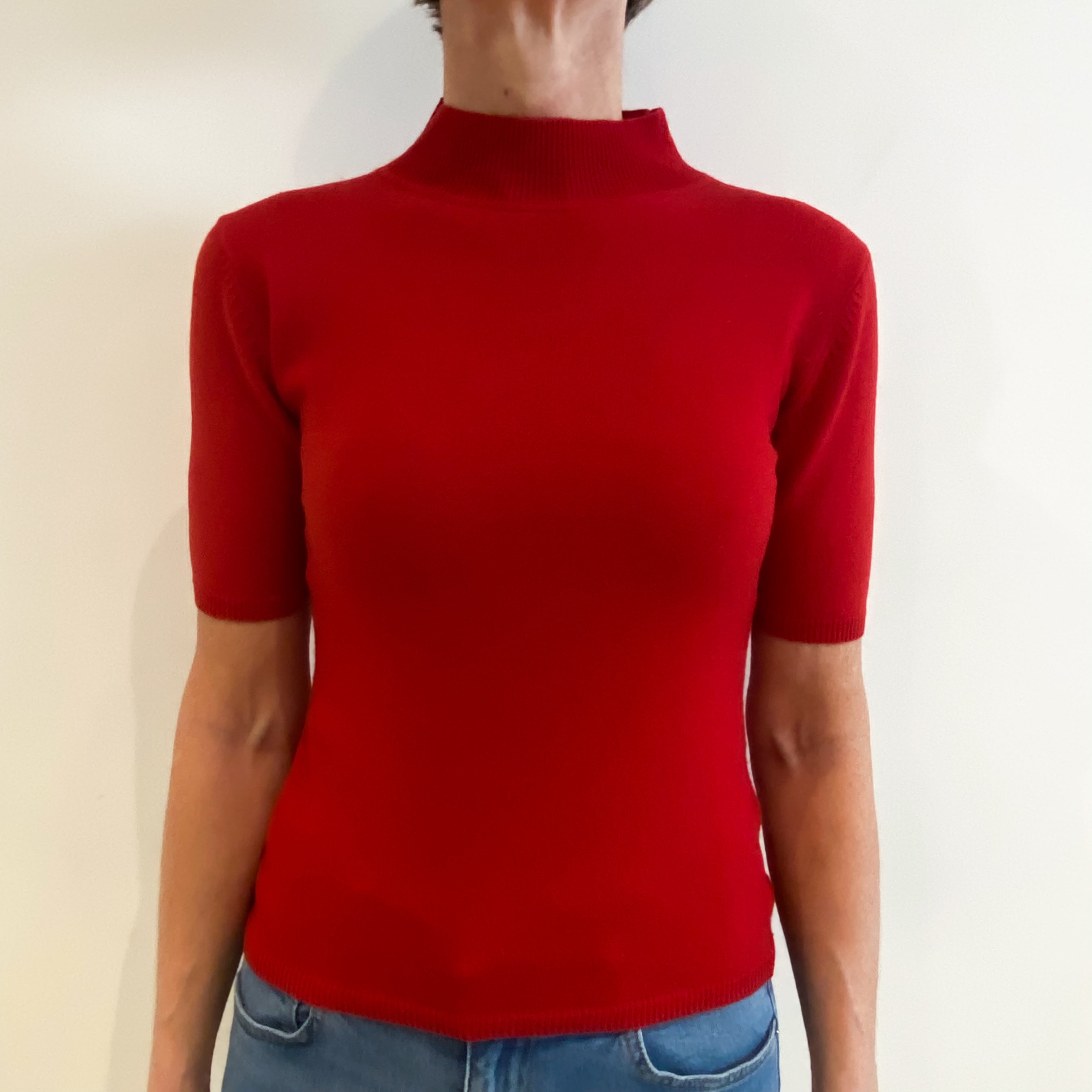Post Box Red Cashmere Short Sleeved Turtle Neck Jumper Small