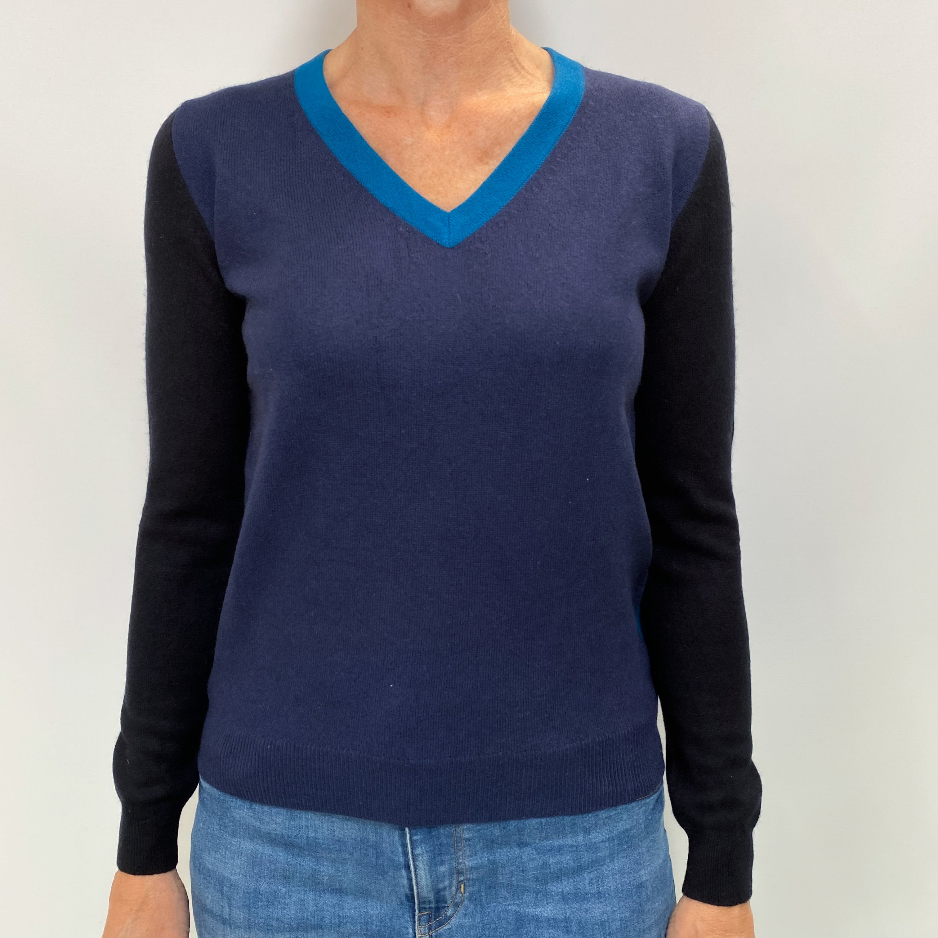 Blue Colourblock Cashmere V Neck Jumper Small