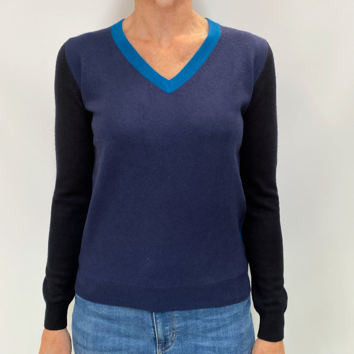 Blue Colourblock Cashmere V Neck Jumper Small