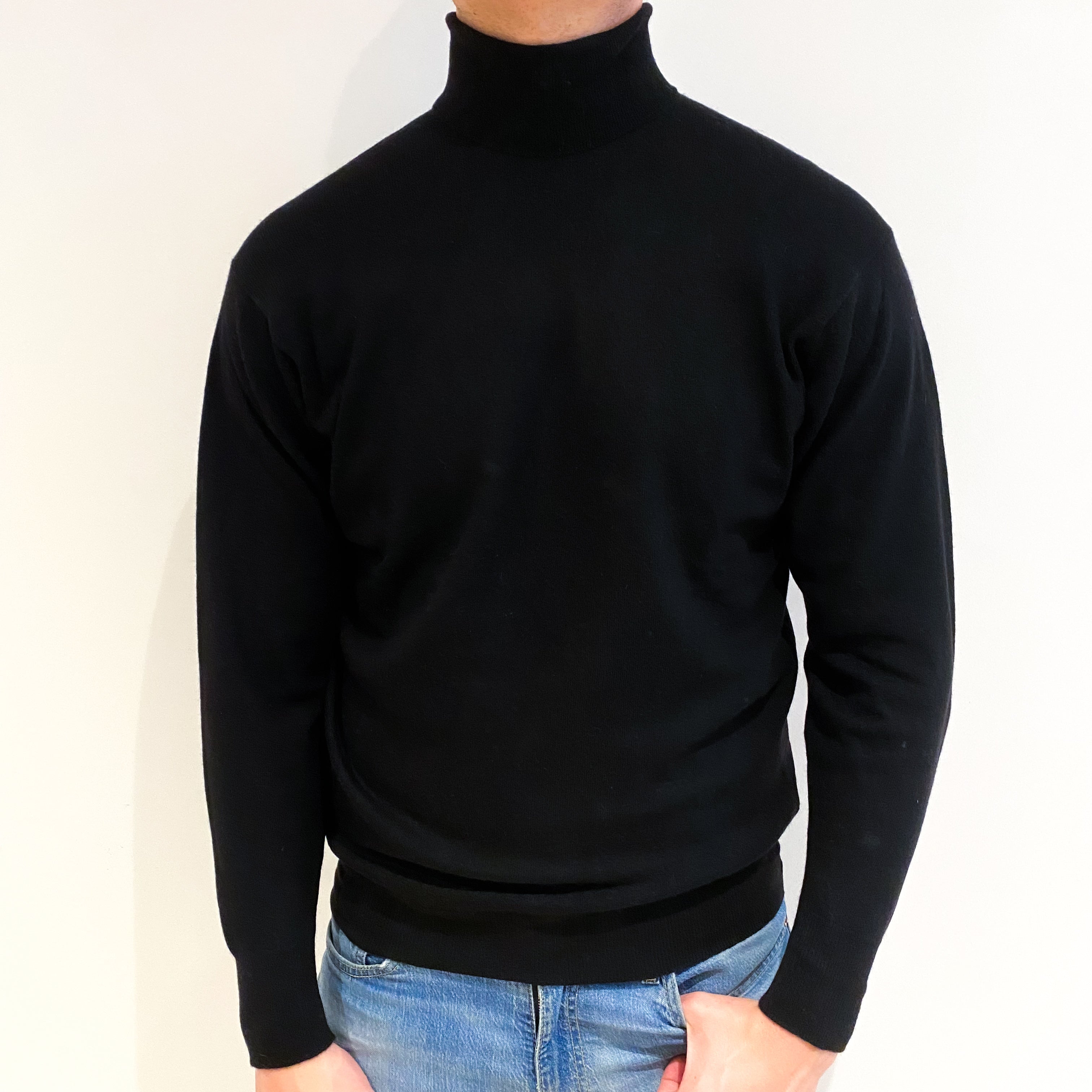 Men's Black Cashmere Polo Neck Jumper XL