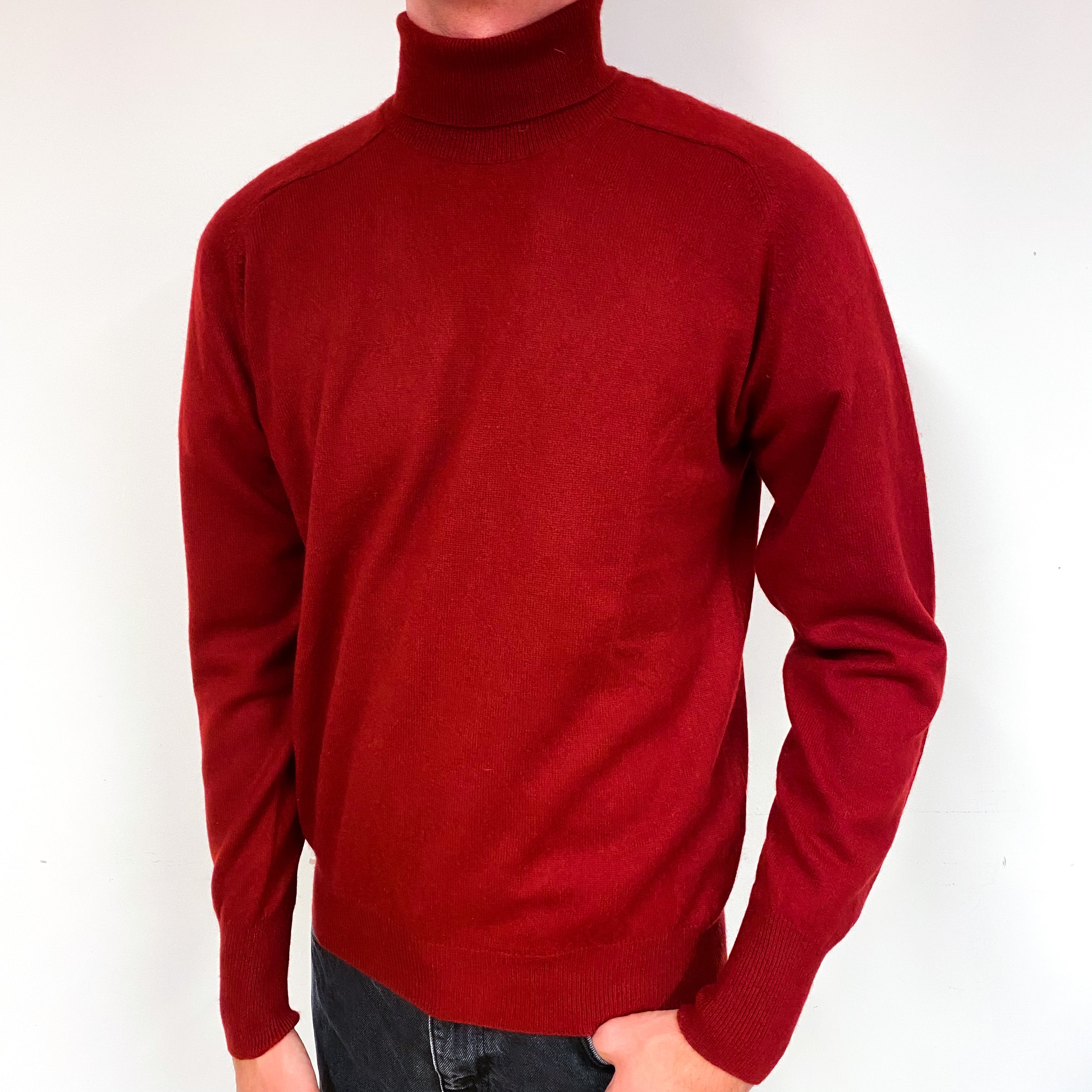 Men's Crimson Red Cashmere Polo Neck Jumper Small