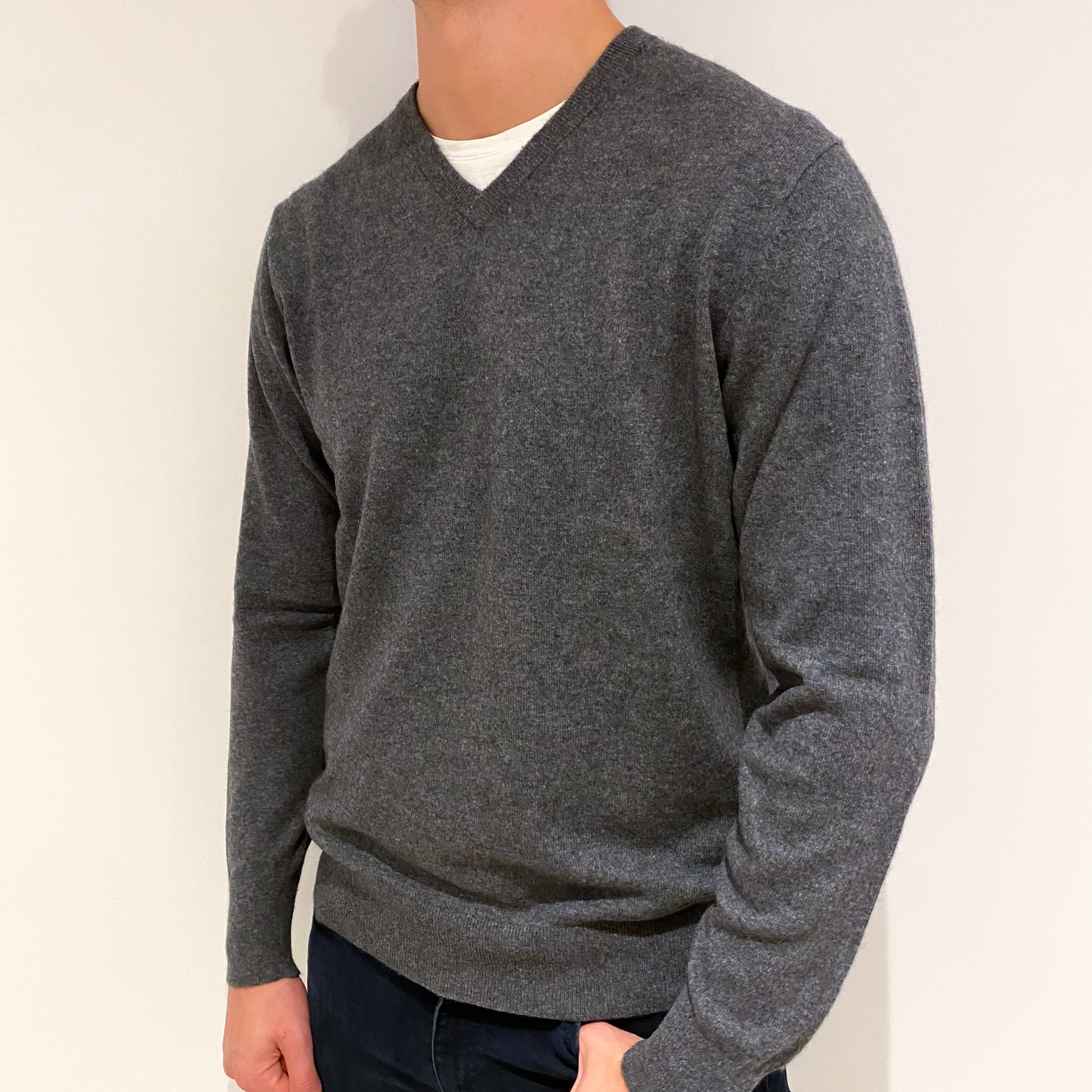Men's Slate Grey Cashmere V-Neck Jumper Extra Large