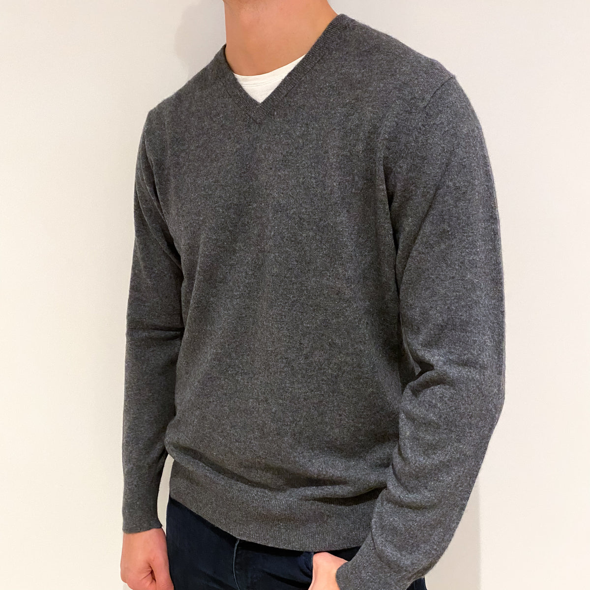 Men's Slate Grey Cashmere V-Neck Jumper Extra Large