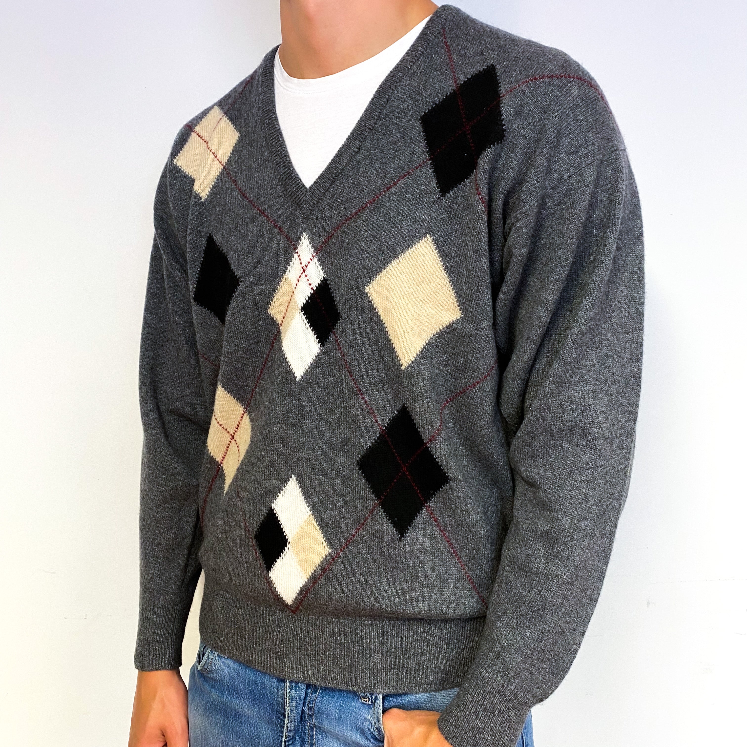 Men's Pringle Grey Diamond Cashmere V-Neck Jumper Extra Large