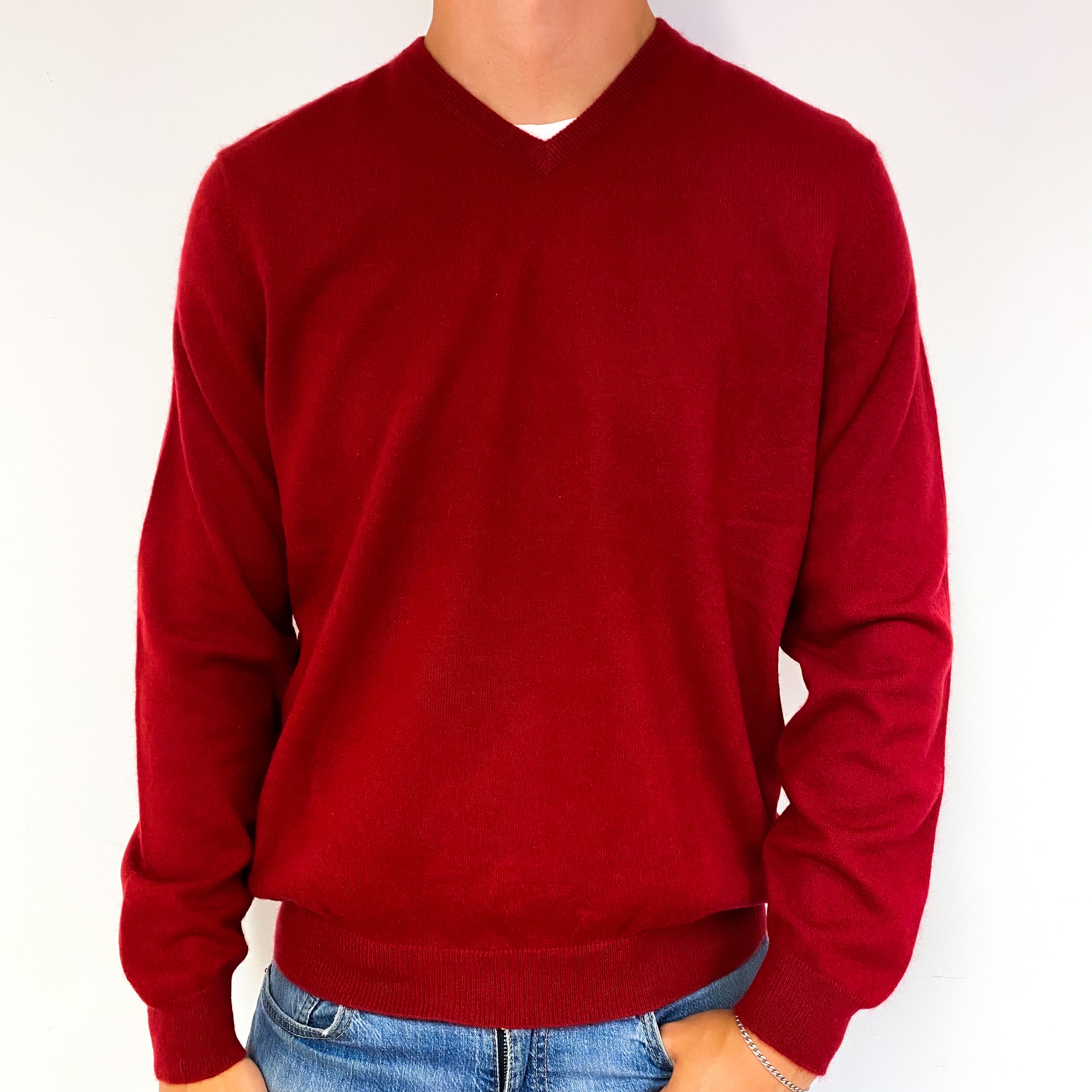 Men's Crimson Red Cashmere V-Neck Jumper Extra Large