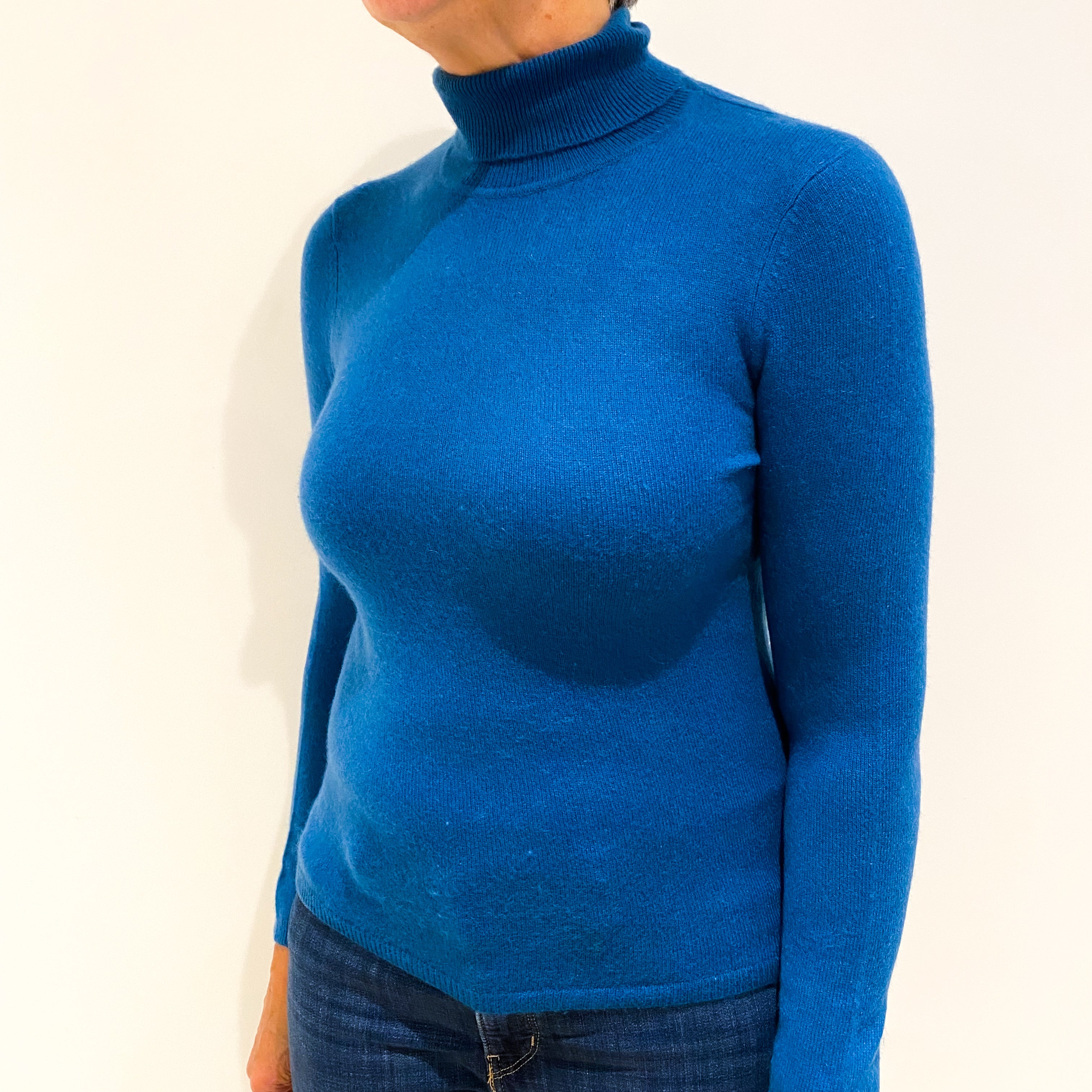 Teal Blue Cashmere Polo Neck Jumper Medium