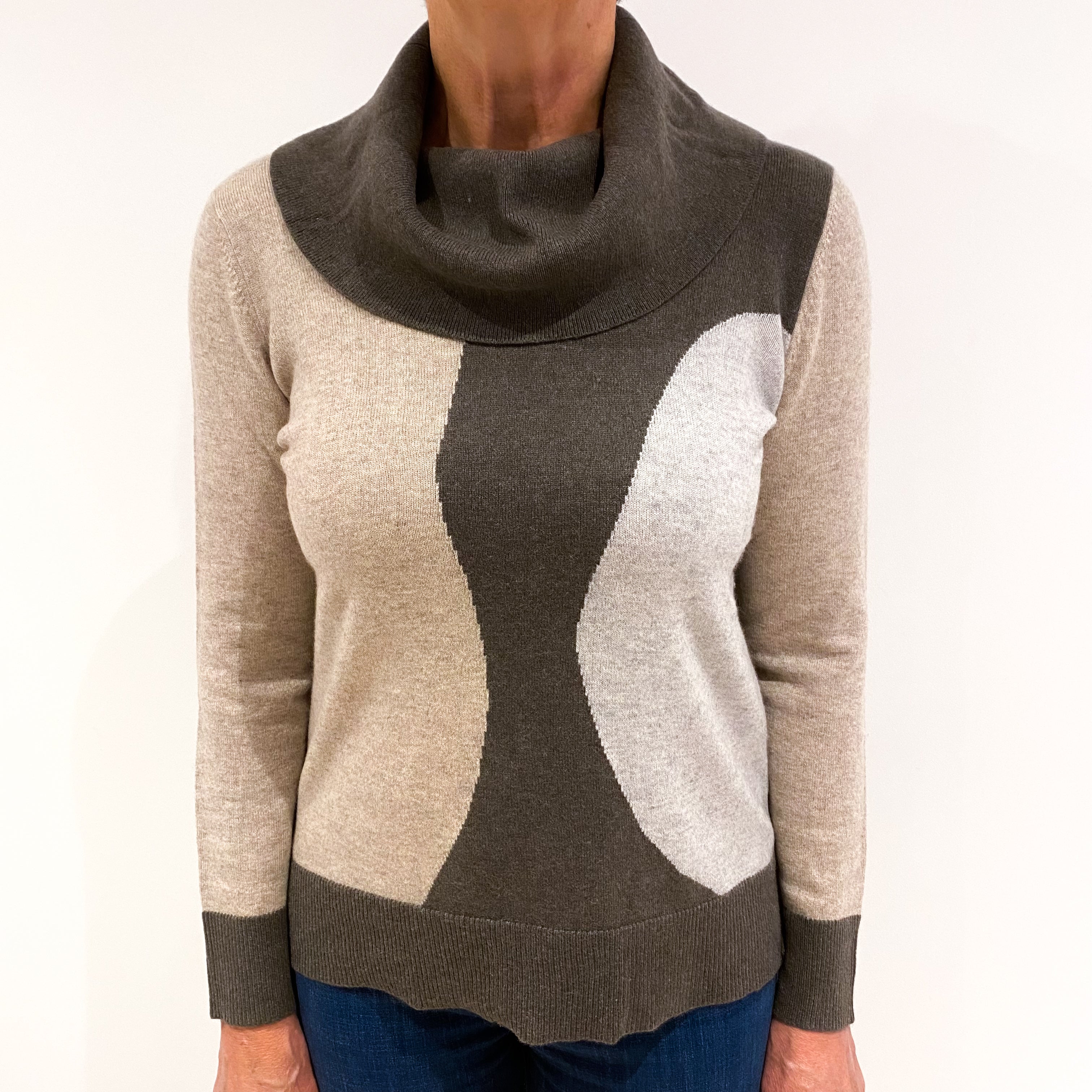 Donkey Brown Grey and Beige Cashmere Cowl Neck Jumper Medium