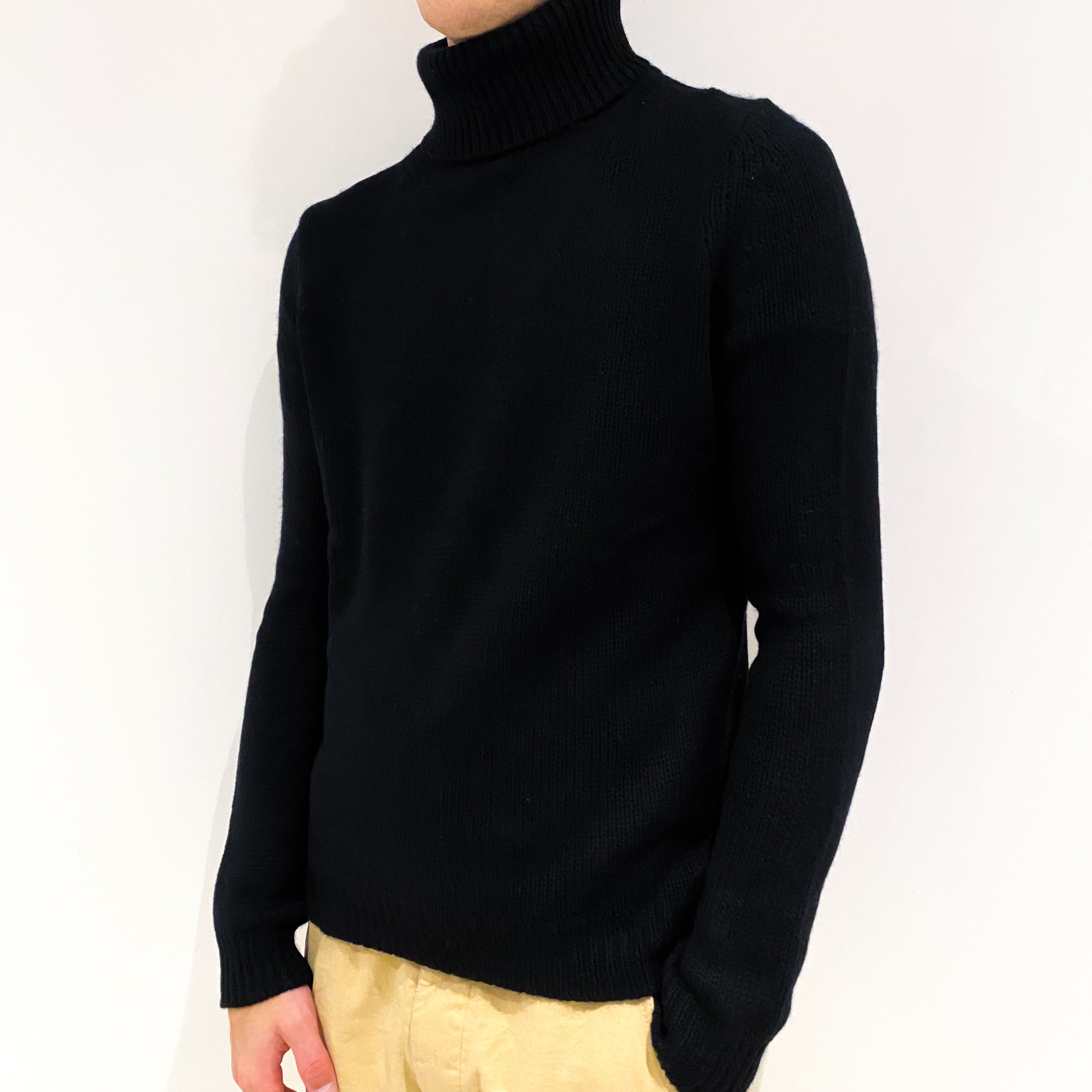 Men's Black Chunky Cashmere Polo Neck Jumper Large