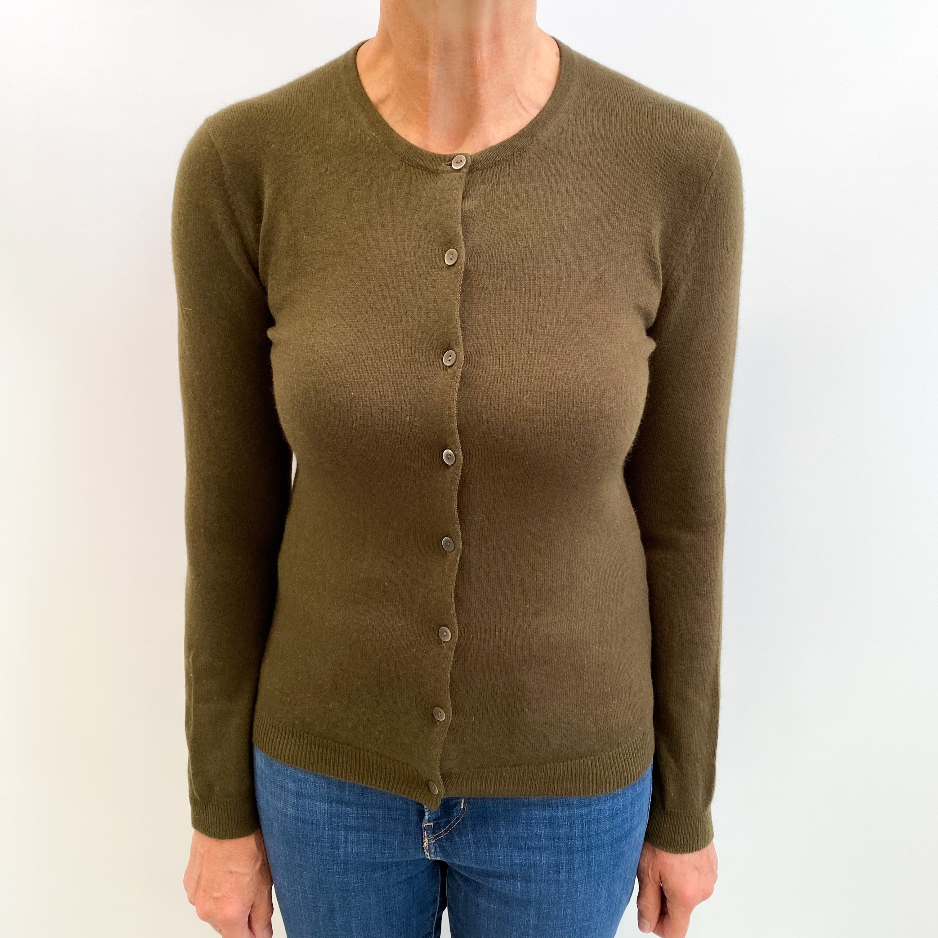 Army Green Cashmere Crew Neck Cardigan Medium