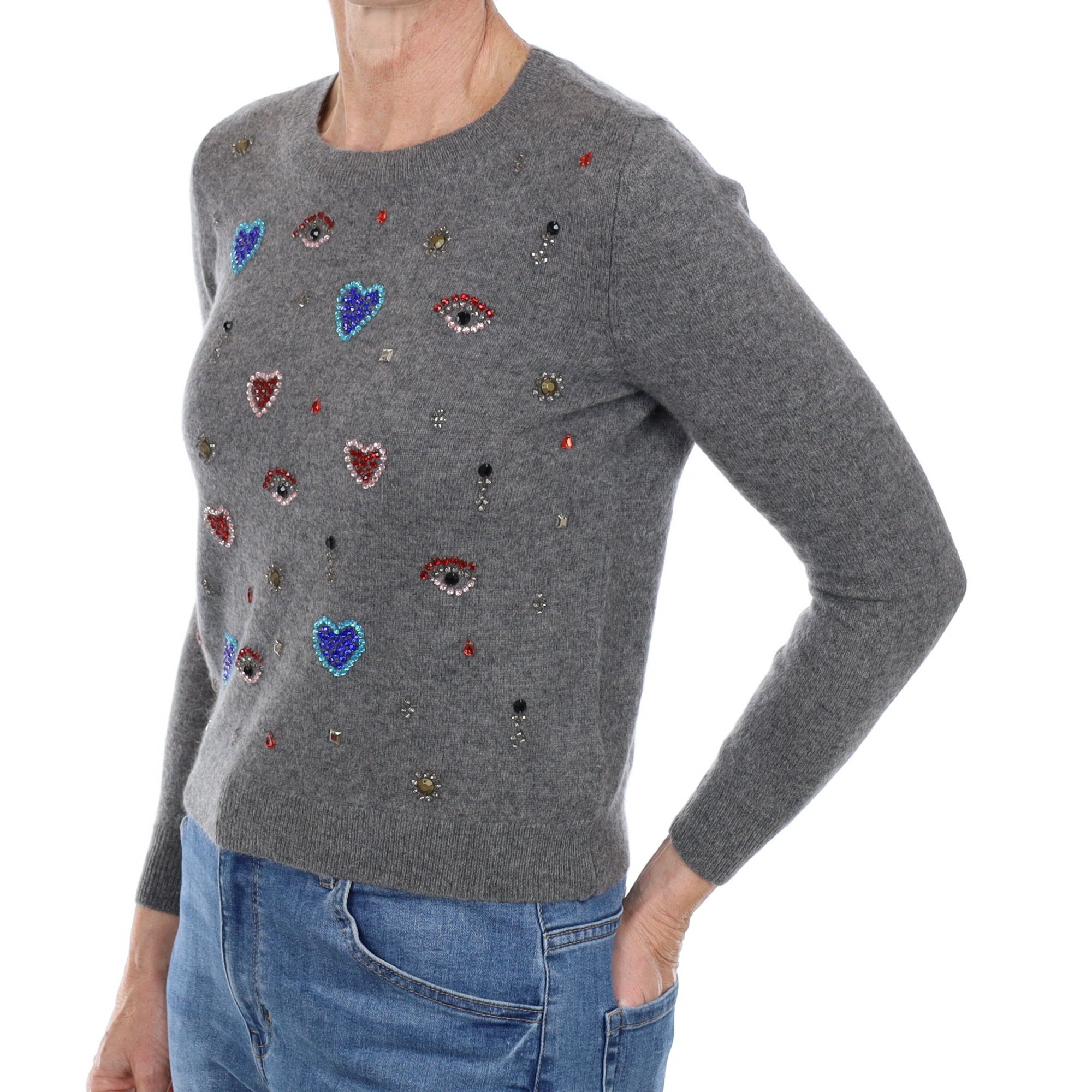 Ash Grey Diamanté Cashmere Crew Neck Jumper Small