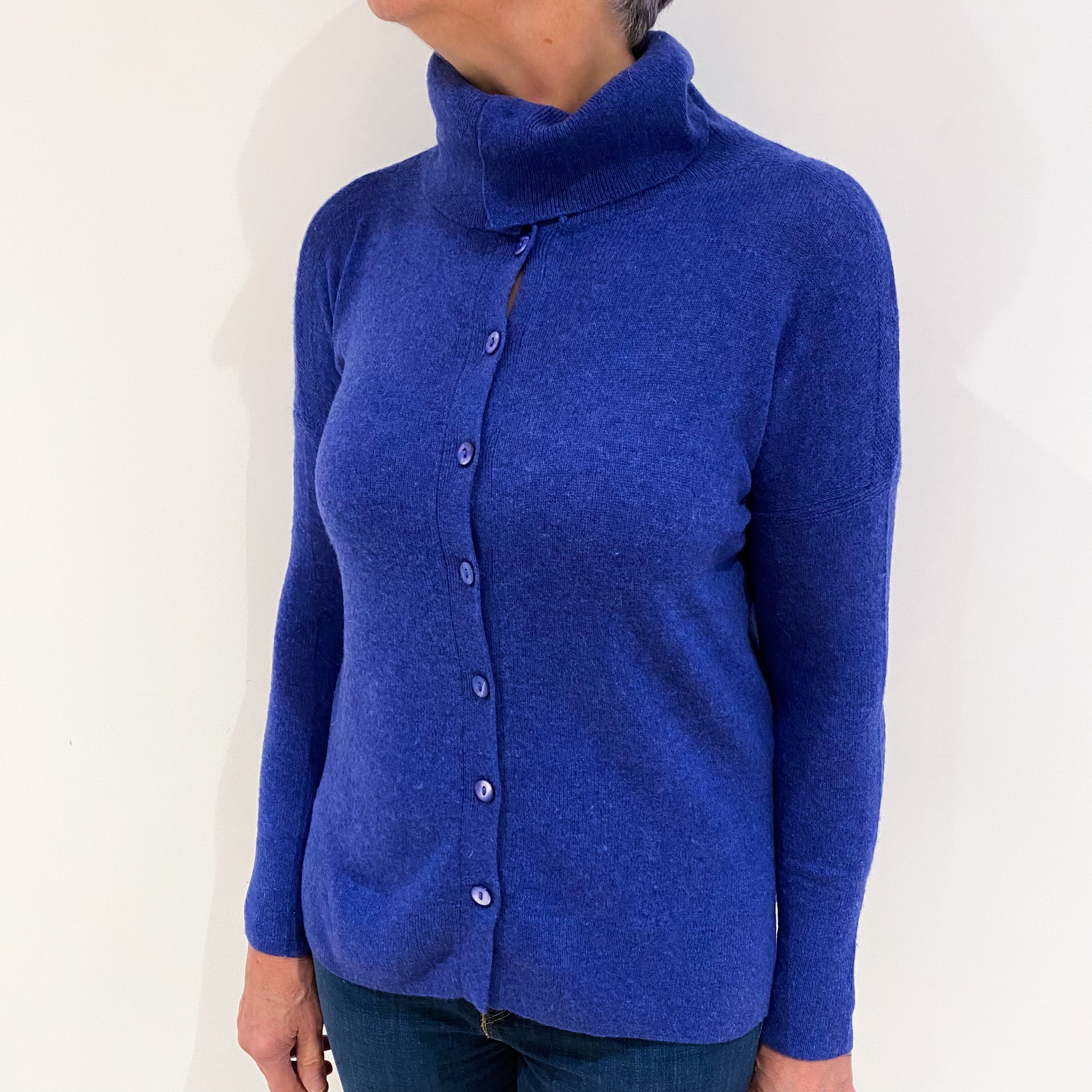 Tanzanite Blue Cashmere Polo Collar Cardigan Medium