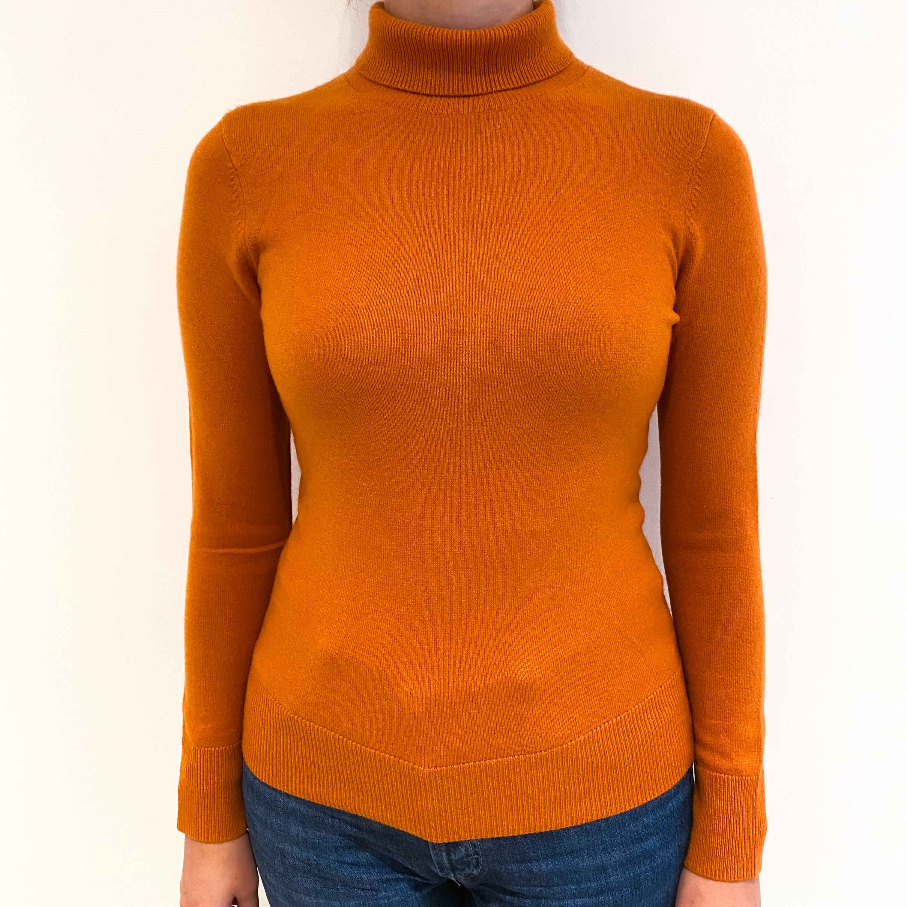 Pumpkin Orange Cashmere Polo Neck Jumper Small