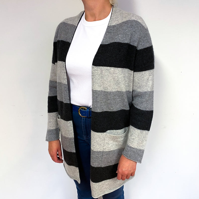 Grey Stripe Cashmere Edge to Edge Cardigan Large