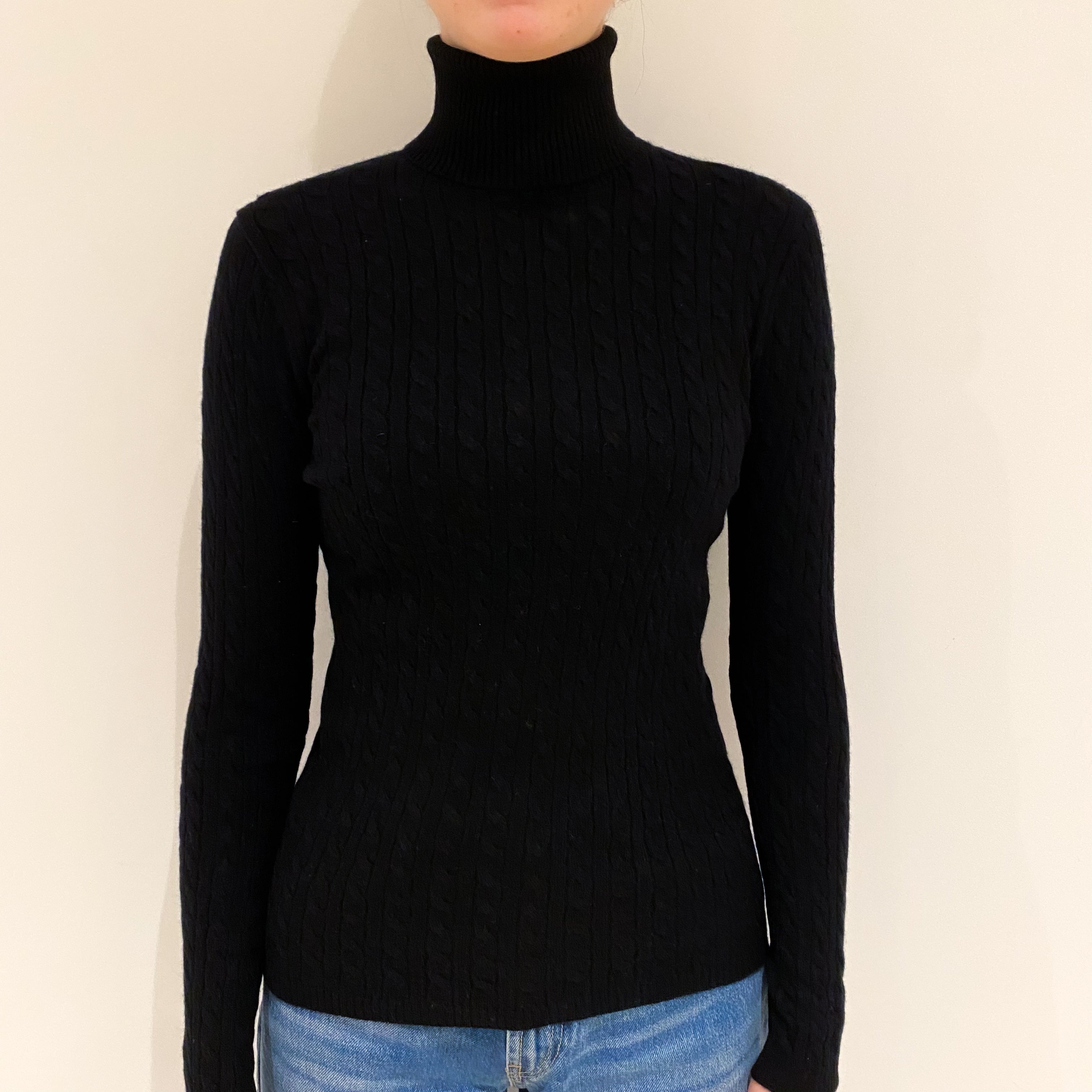 Black Cable Cashmere Polo Neck Jumper Extra Small