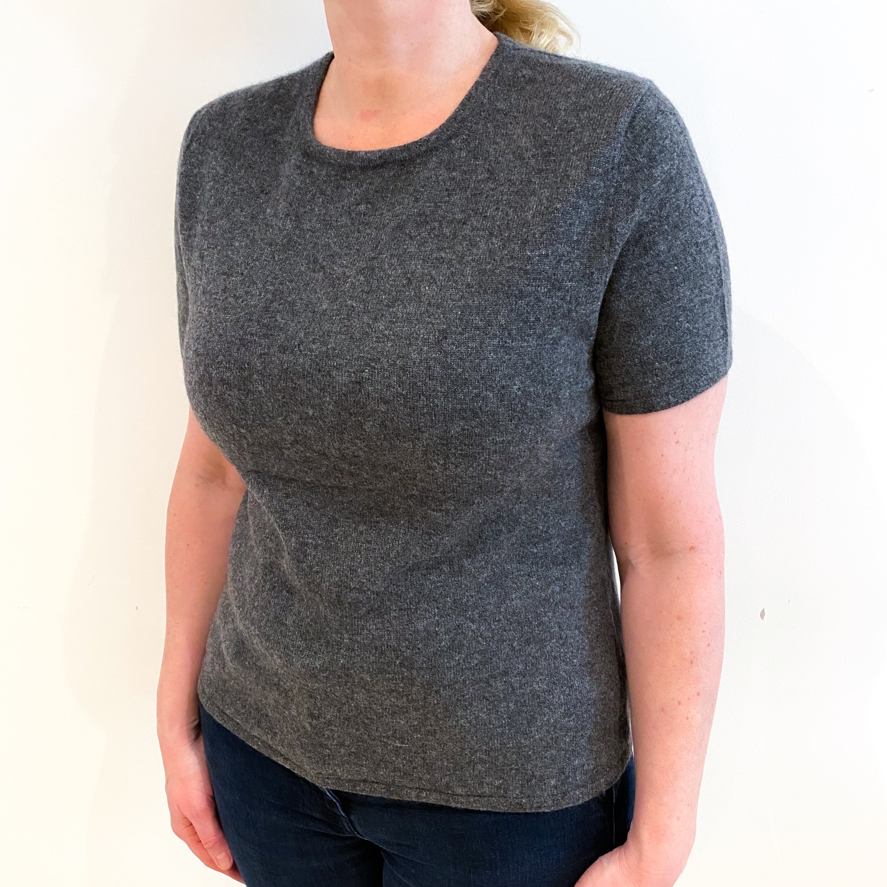 Slate Grey Cashmere Crew Neck Short Sleeved Jumper Large