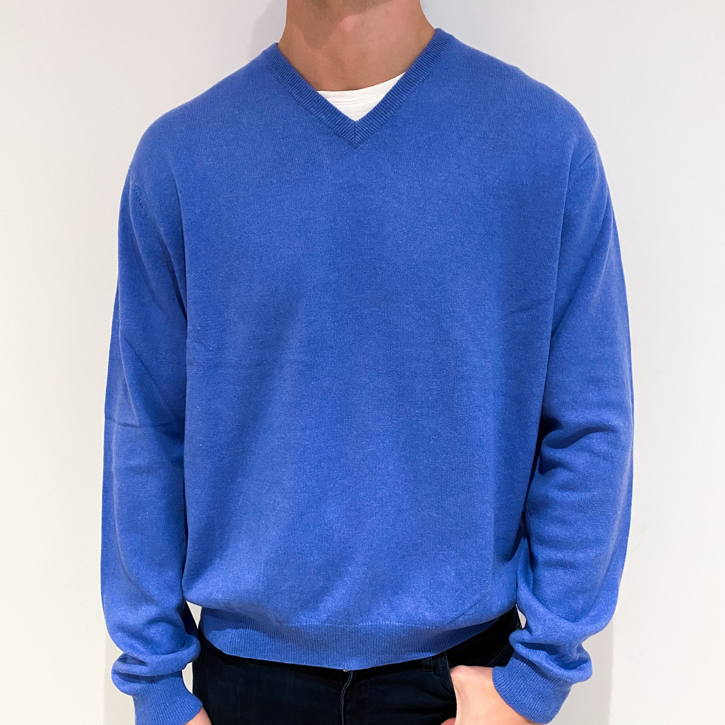 Men's Cornflower Blue Cashmere V-Neck Jumper Extra Extra Large