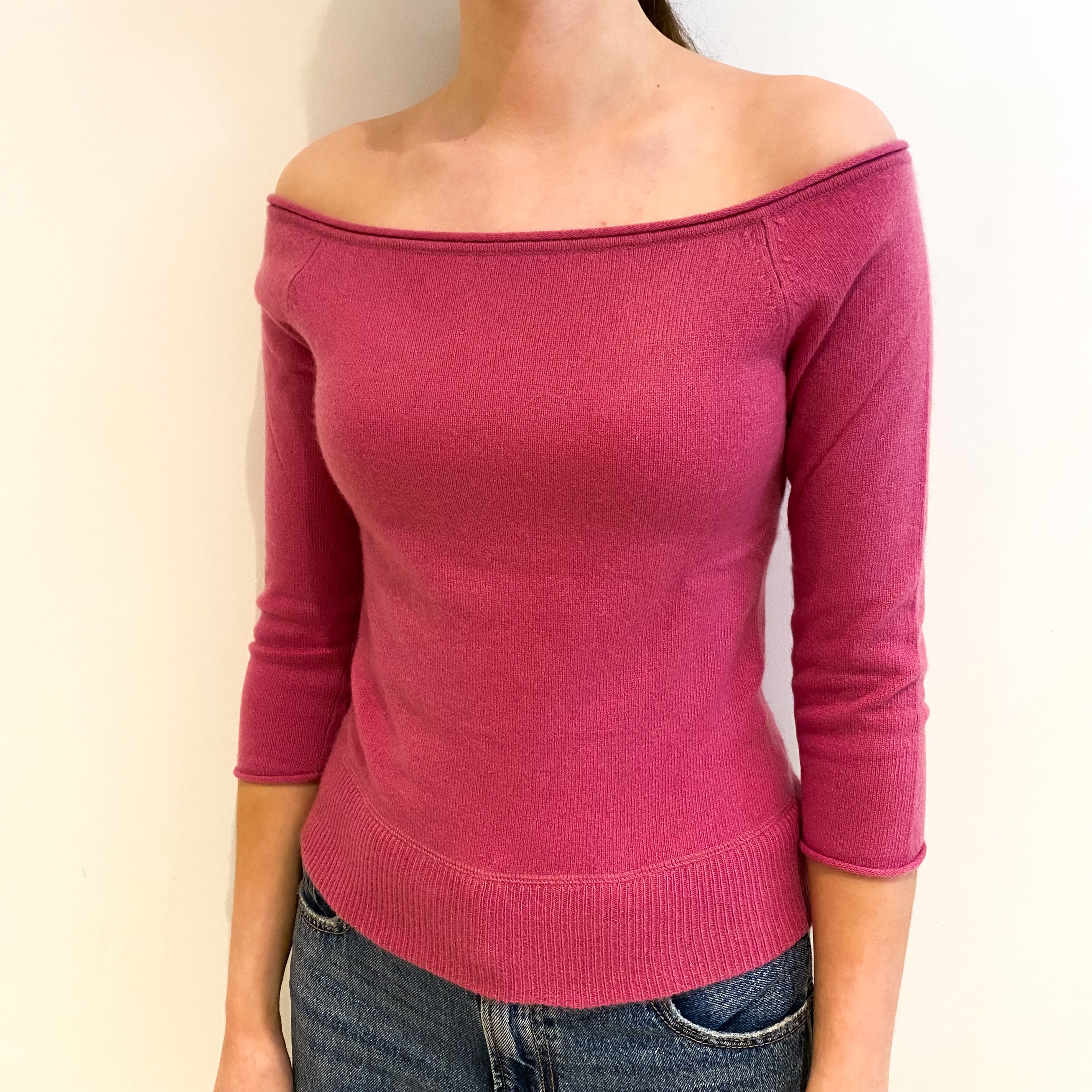 Rose Pink Cashmere Off Shoulder Jumper Extra Small