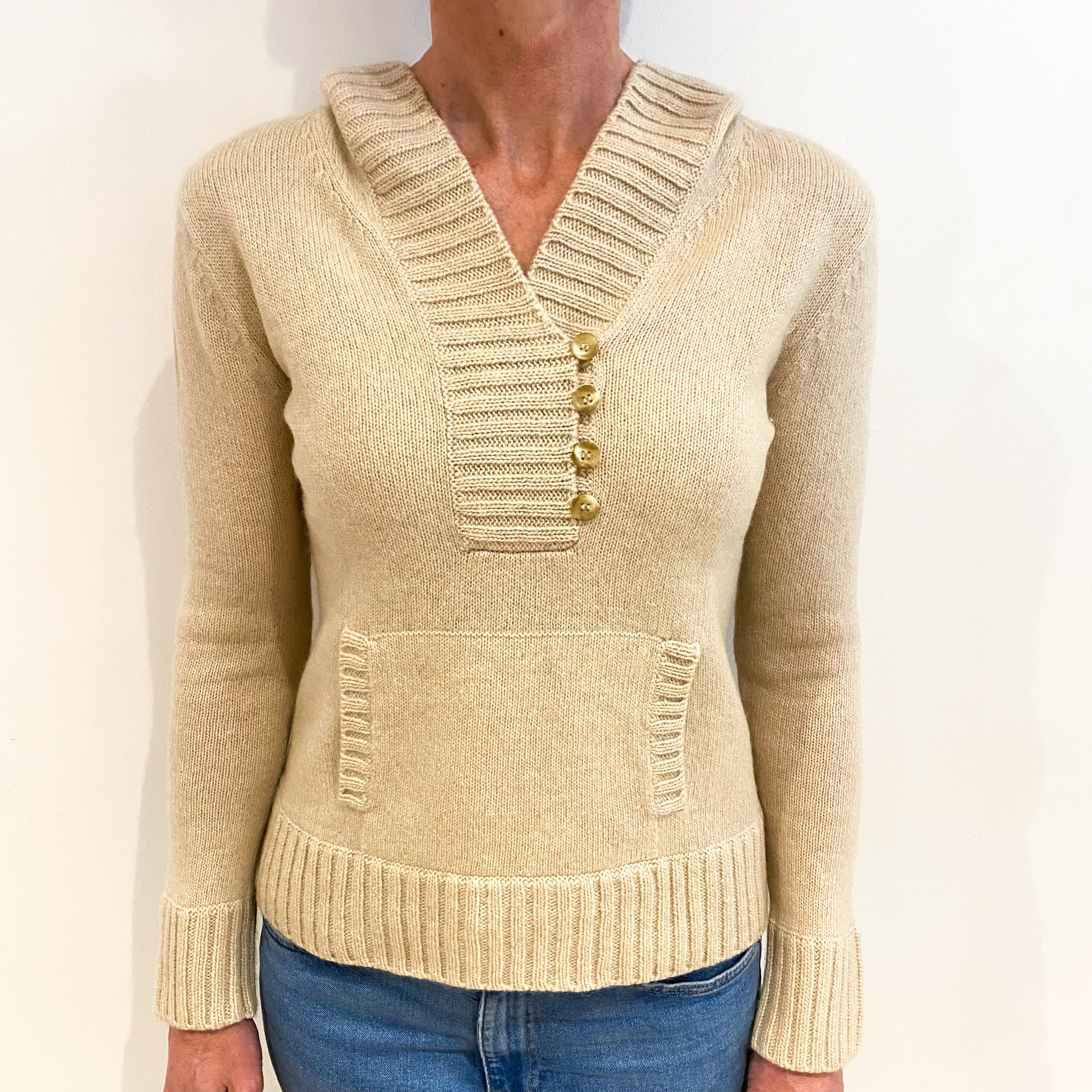 Soft Beige Cashmere V Neck Hooded Jumper Small