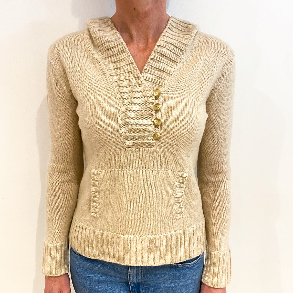 Soft Beige Cashmere V Neck Hooded Jumper Small