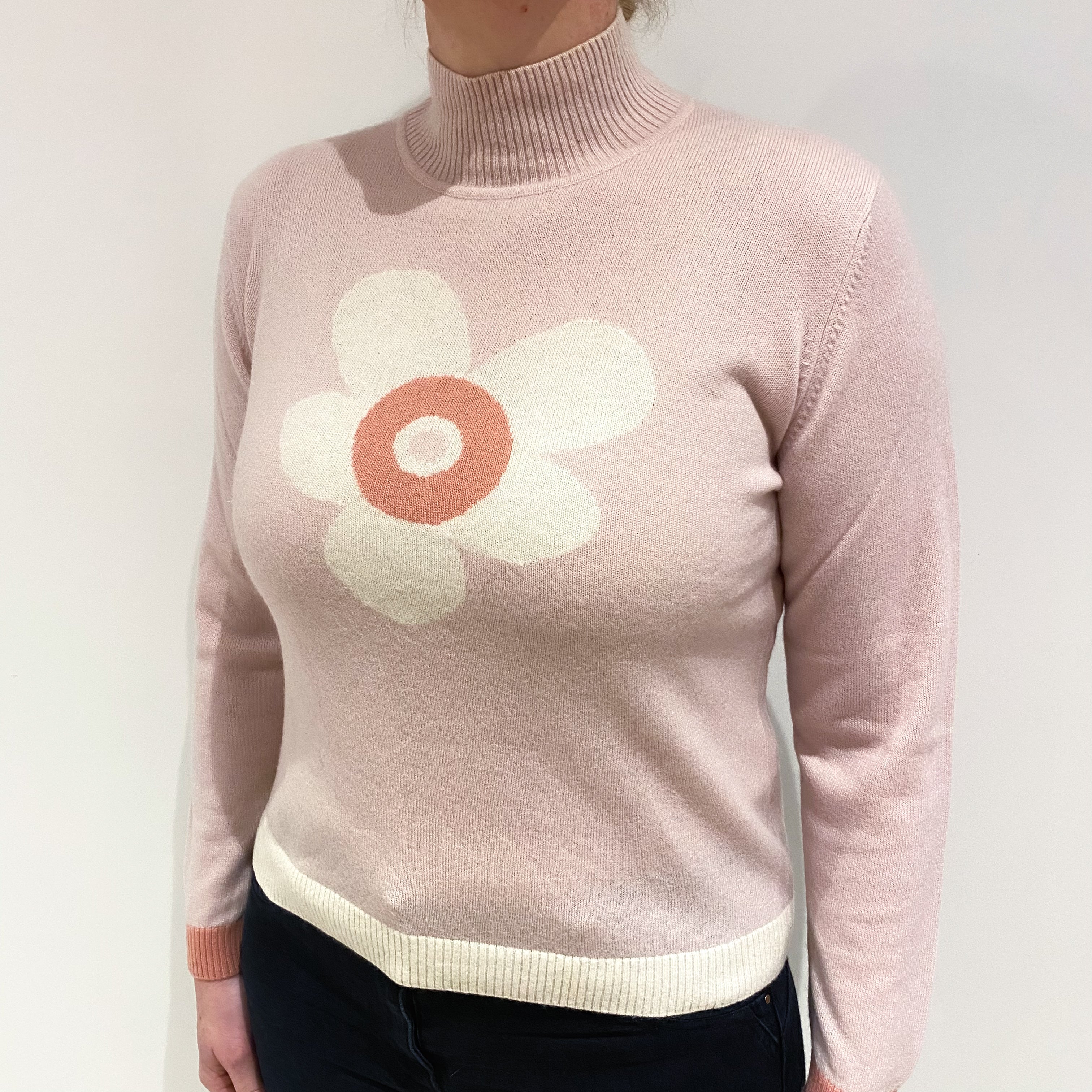 Ice Pink Flower Cashmere Turtle Neck Jumper Large