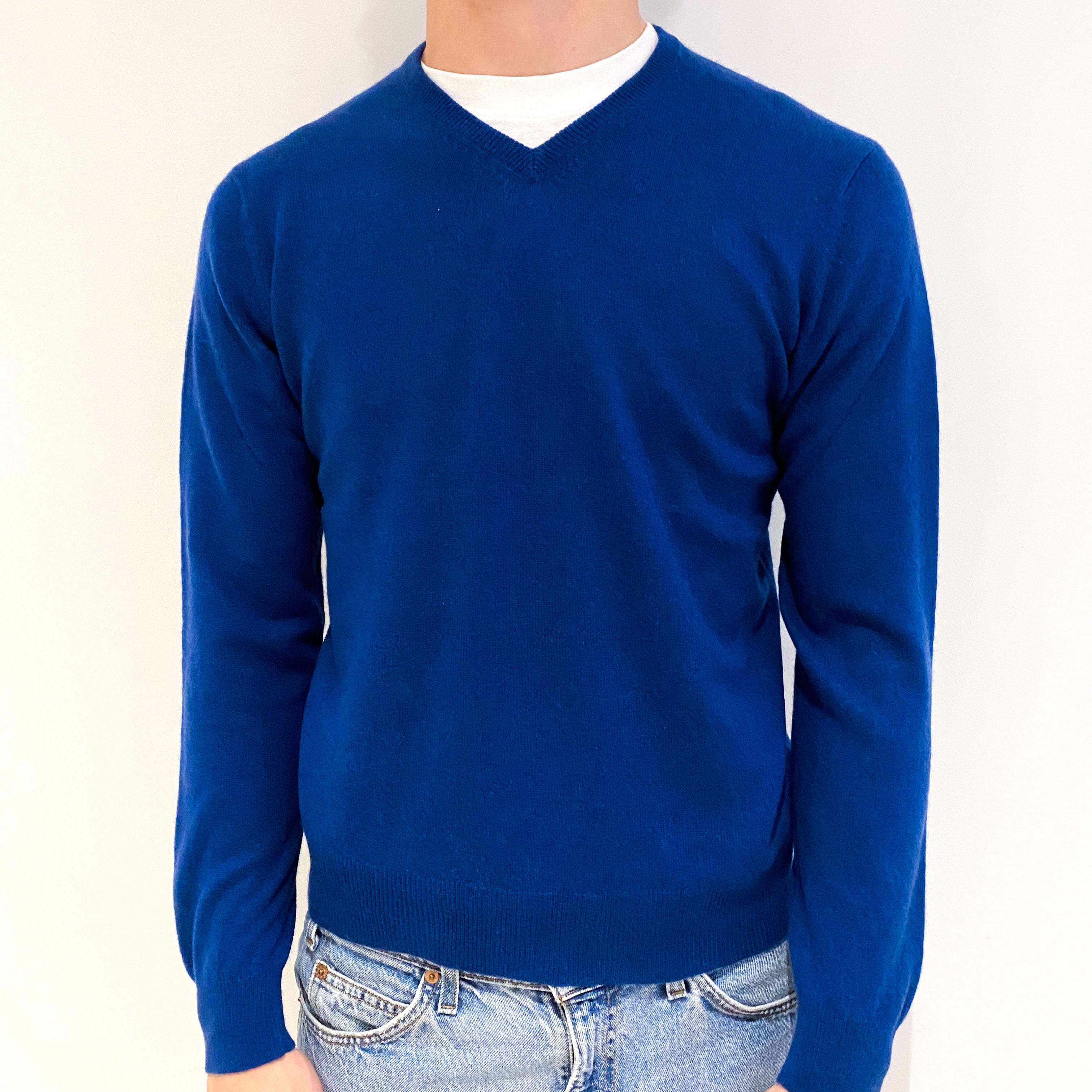 Men's Peacock Blue Cashmere V-Neck Jumper Medium