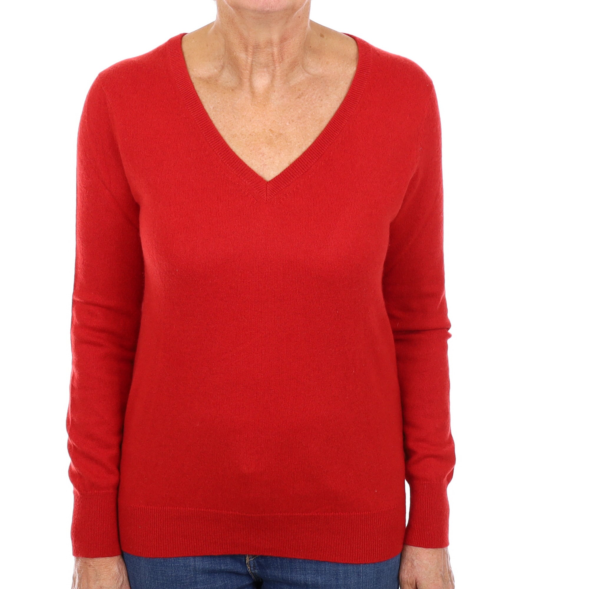 Post Box Red Cashmere V Neck Jumper Medium
