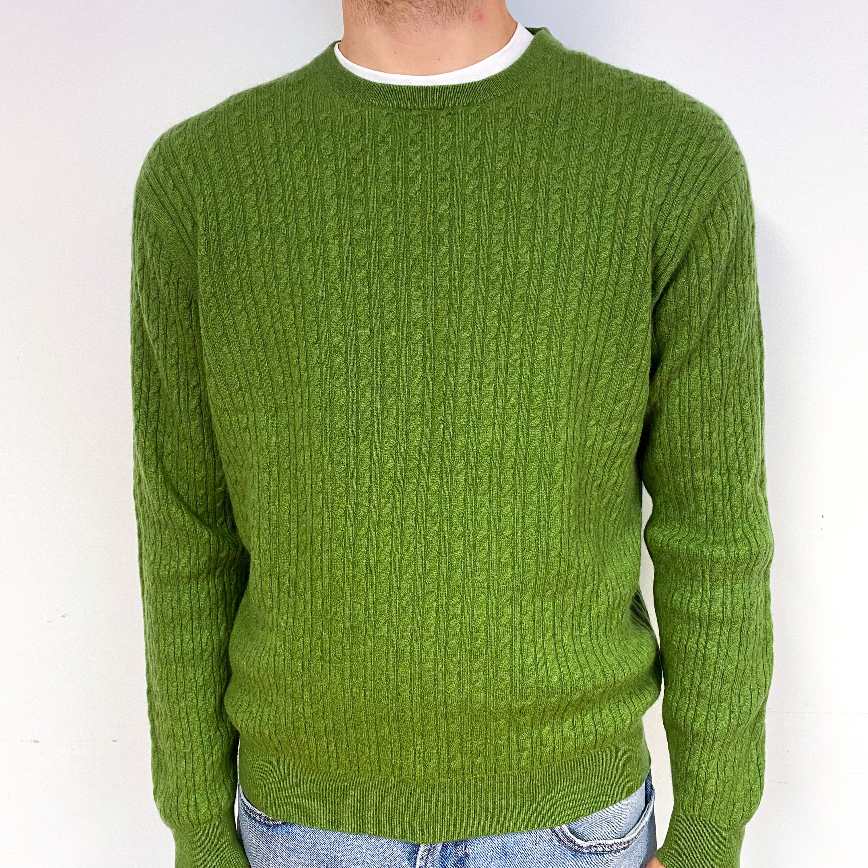 Men's Pear Green Cable Cashmere Crew Neck Jumper Large