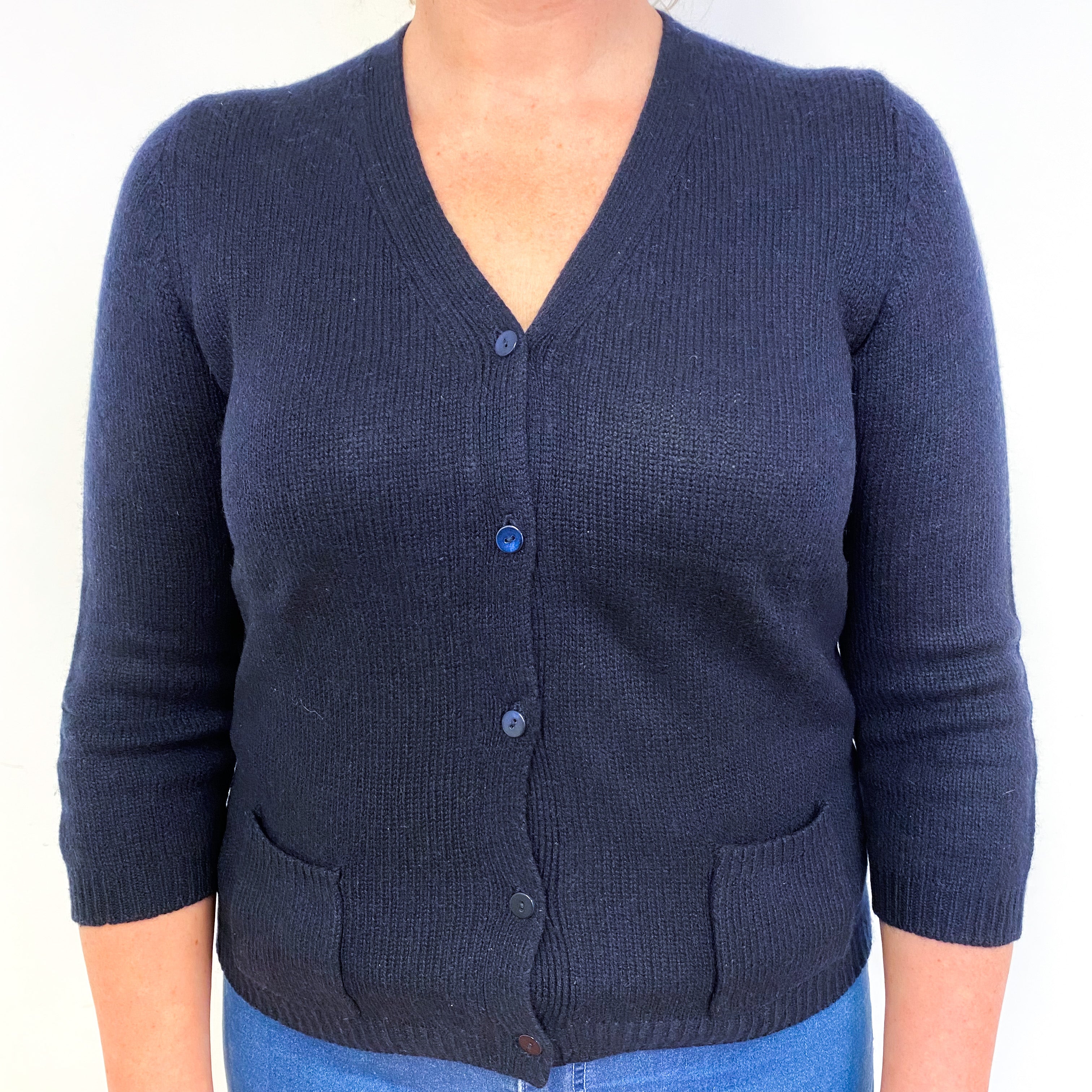 Dark Navy 3/4 Sleeve Cashmere V-Neck Cardigan Large