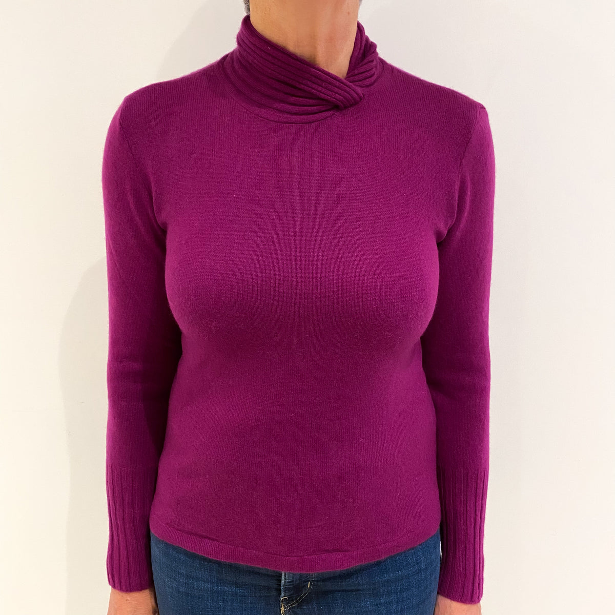 Magenta Purple Cashmere Twisted Funnel Neck Jumper Medium