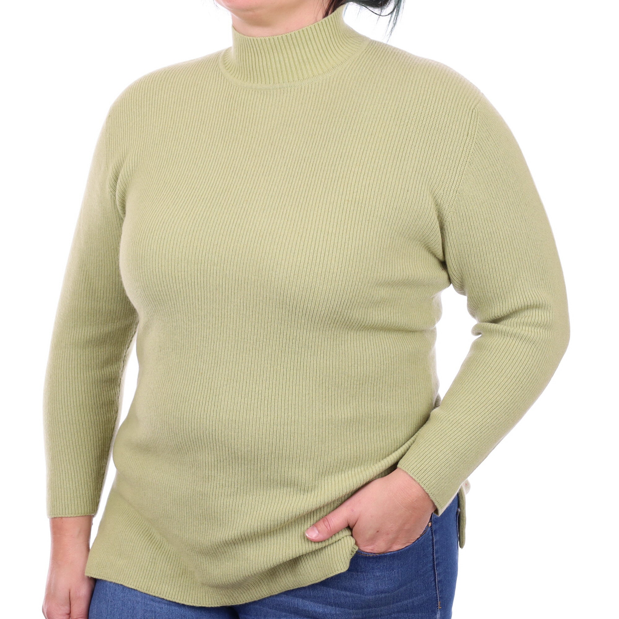 Pistachio Green Rib Cashmere Turtle Neck Jumper Large
