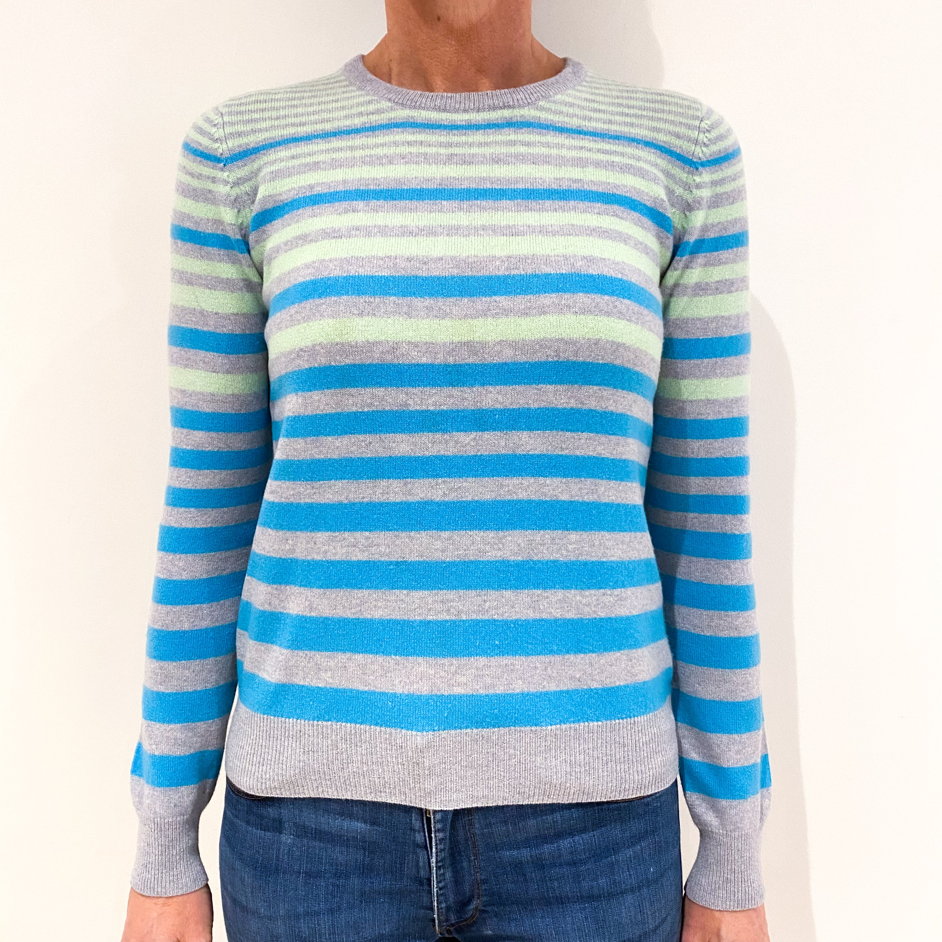 Grey Striped Cashmere Crew Neck Jumper Small