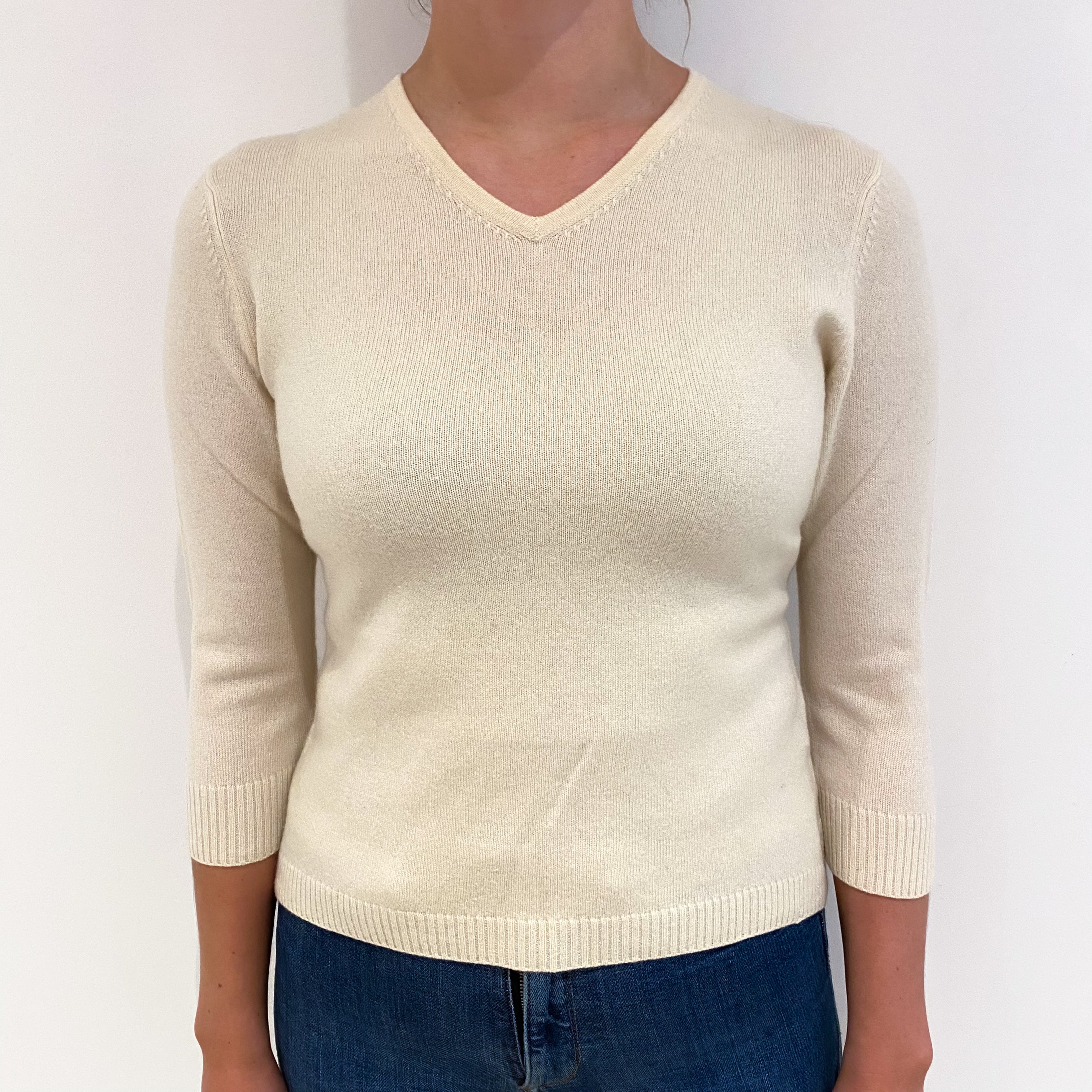 Warm Cream 3/4 Sleeve Cashmere V Neck Jumper Small