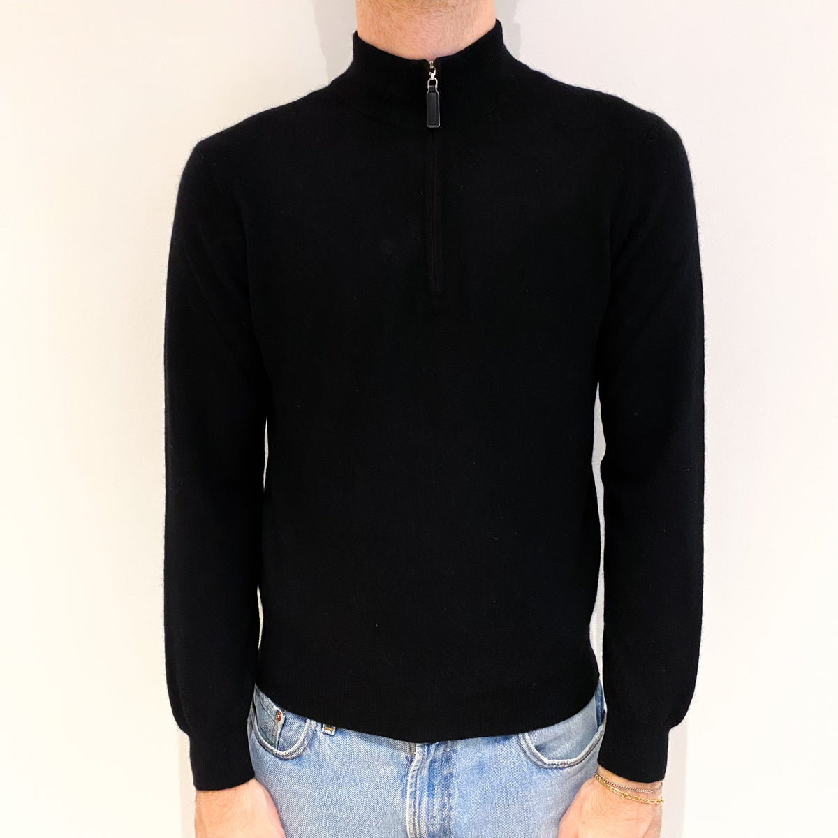 Men's Black Cashmere 1/4 Zip V Neck Jumper Medium