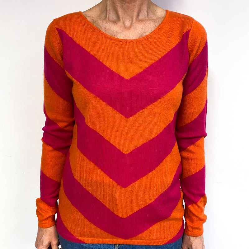Clementine Orange And Fuchsia Pink Cashmere Crew Neck Jumper Medium