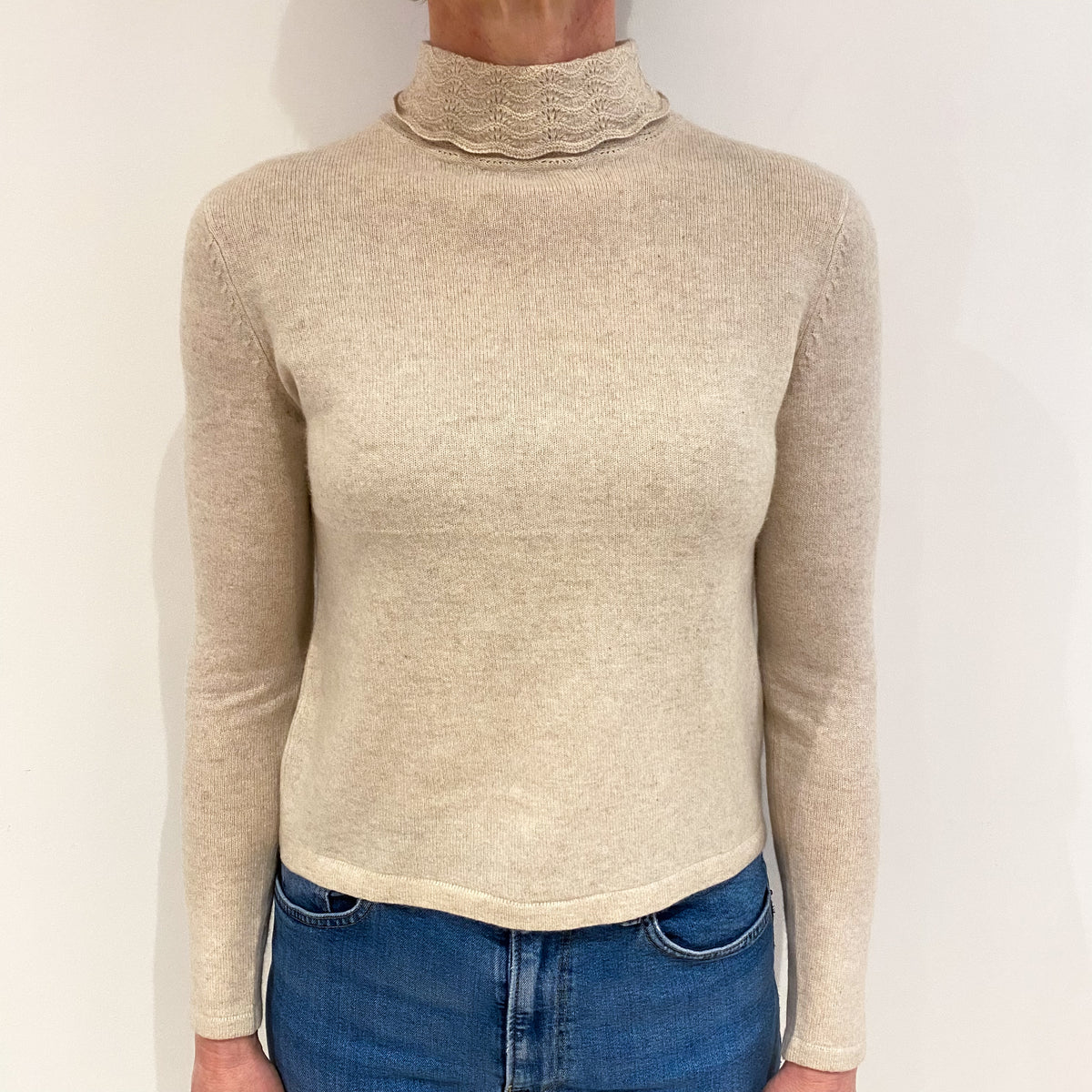 Oatmeal Beige Cashmere Turtle Neck Jumper Small