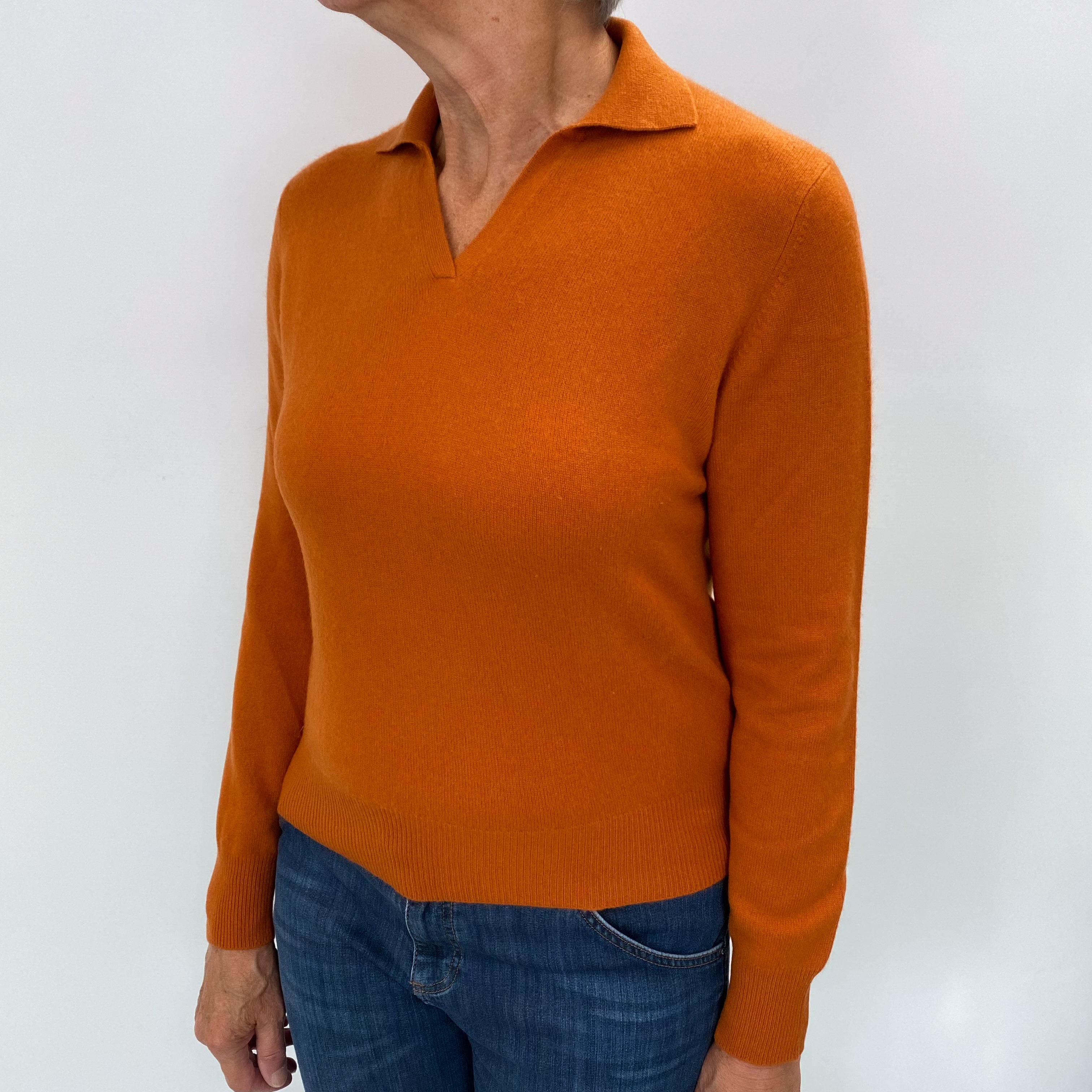 Pumpkin Orange Cashmere Collared V Neck Jumper Medium