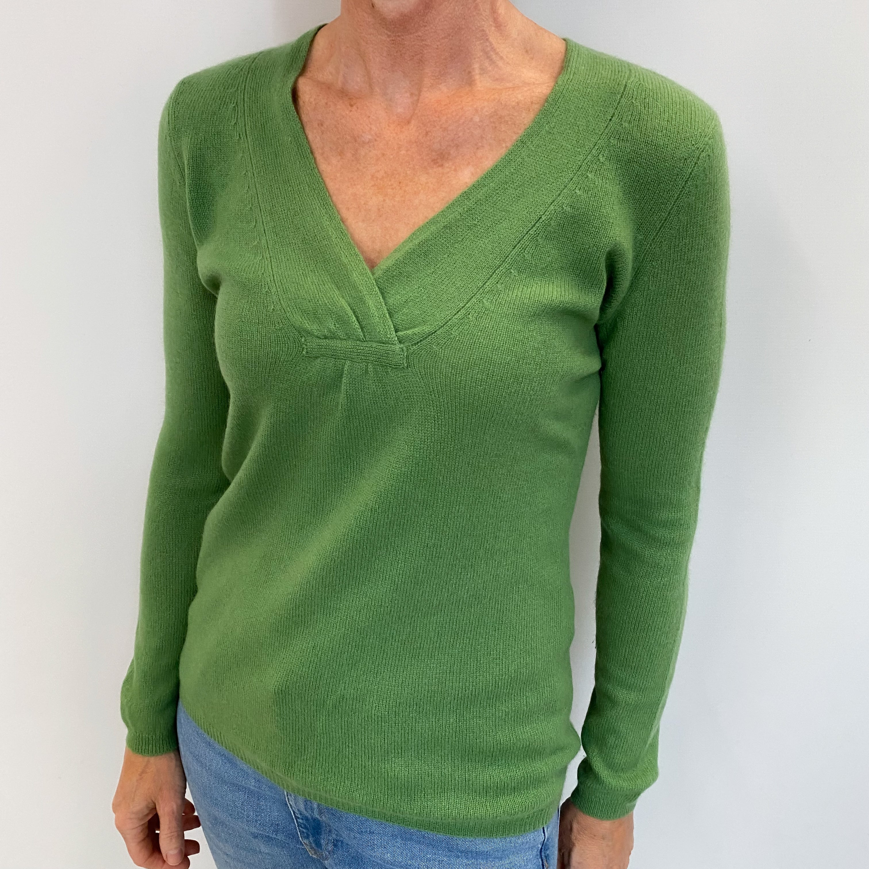 Fern Green Cashmere Cross Over V Neck Jumper Small