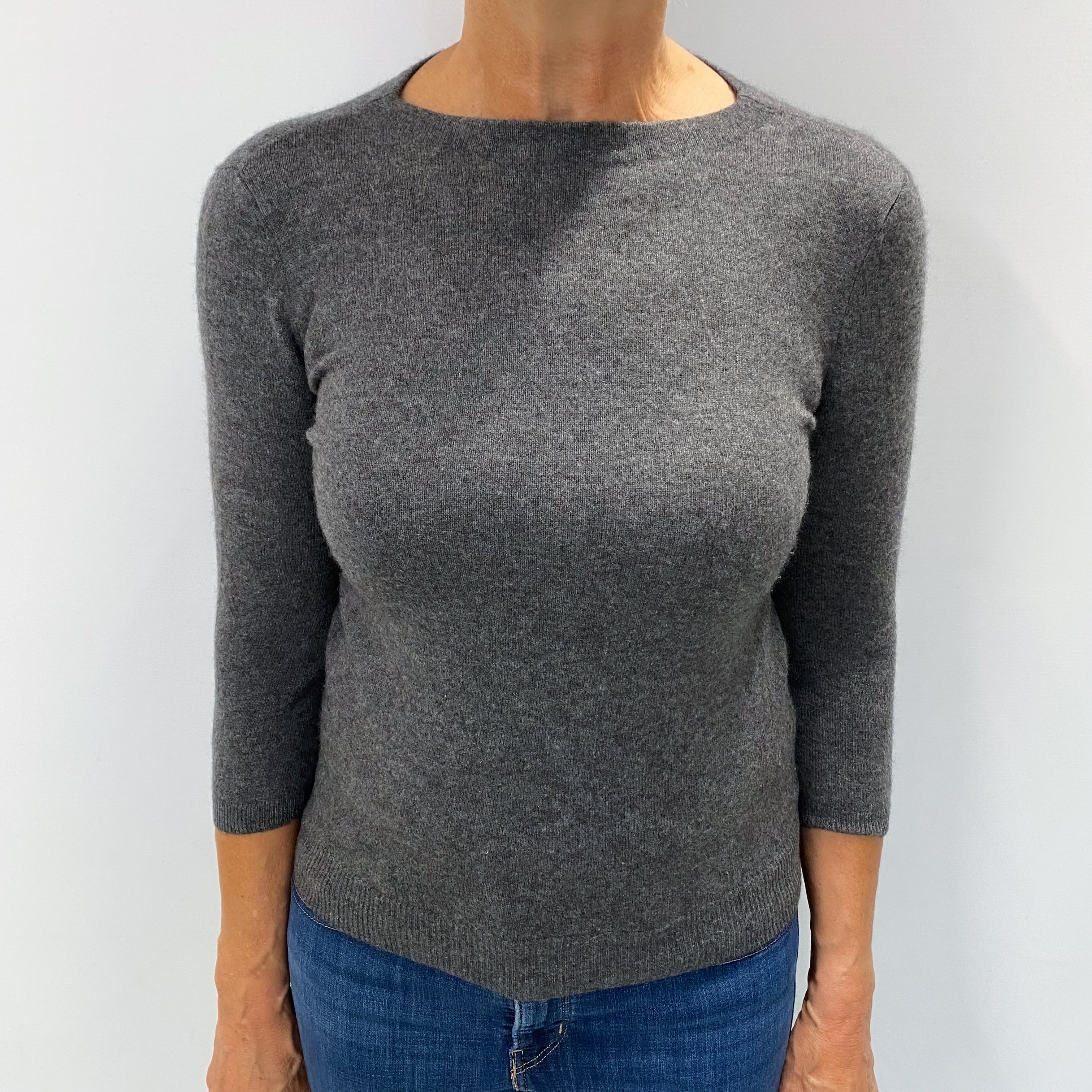 Slate Grey Cashmere 3/4 Sleeve Crew Neck Jumper Medium