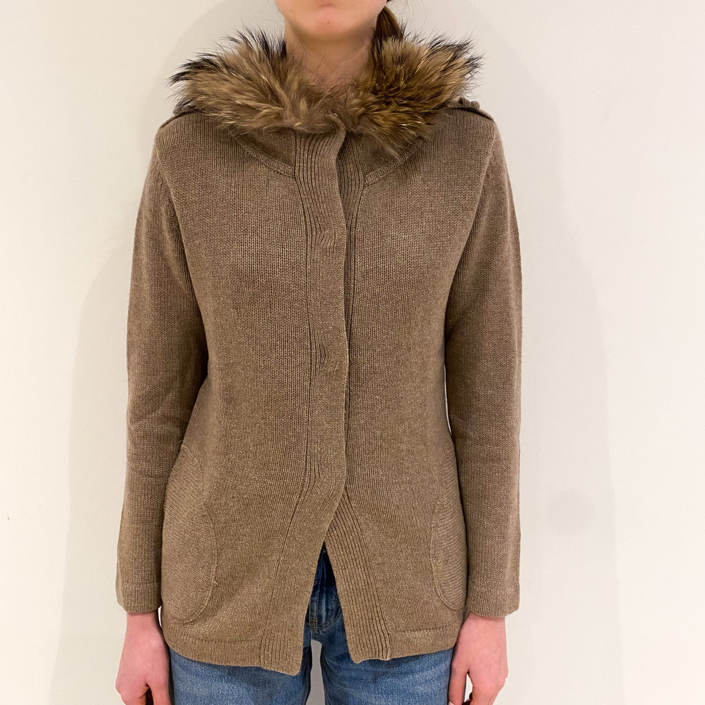Mocha Brown Cashmere Fur Trimmed Hooded Cardigan with Pockets Extra Small
