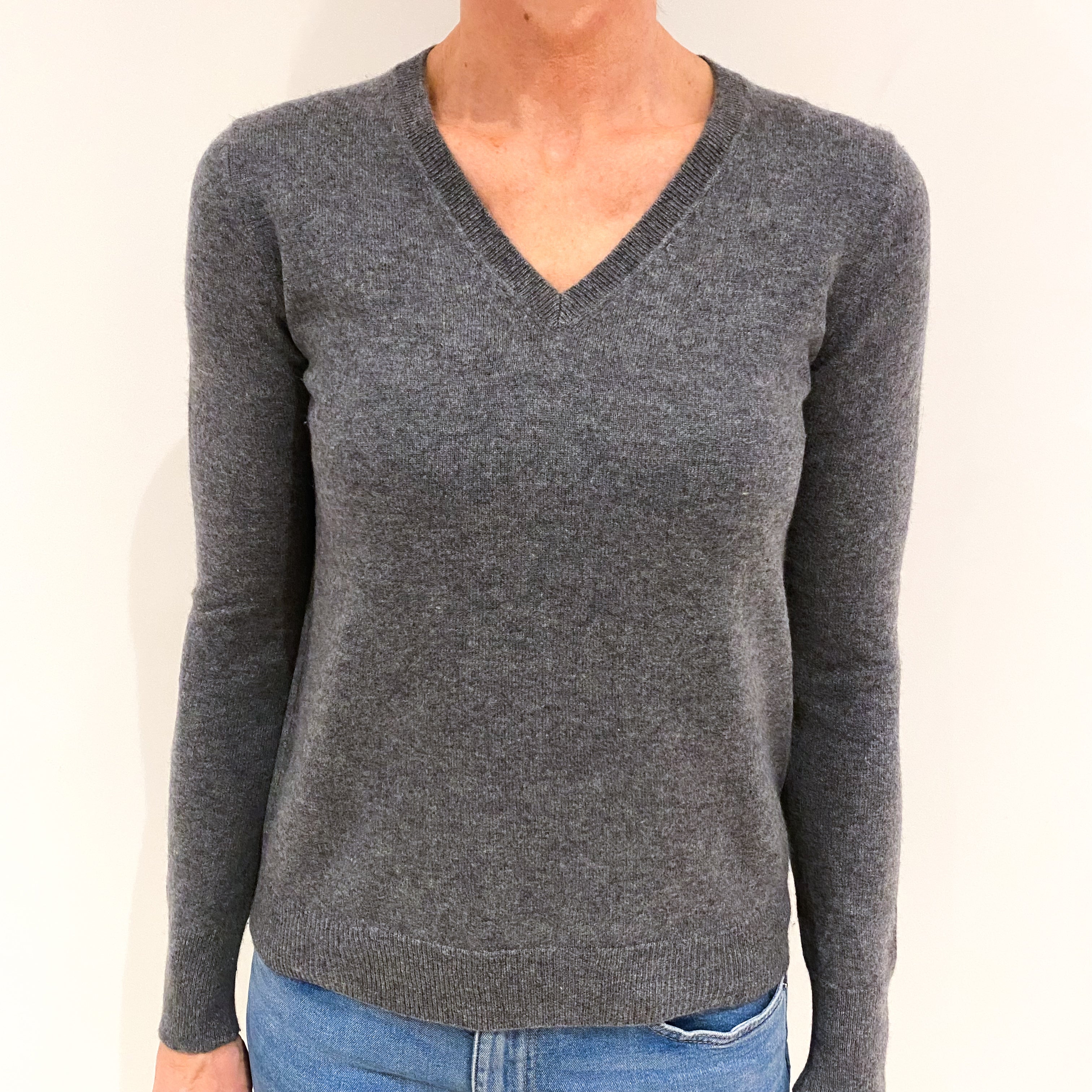 Slate Grey Cashmere V Neck Jumper Small