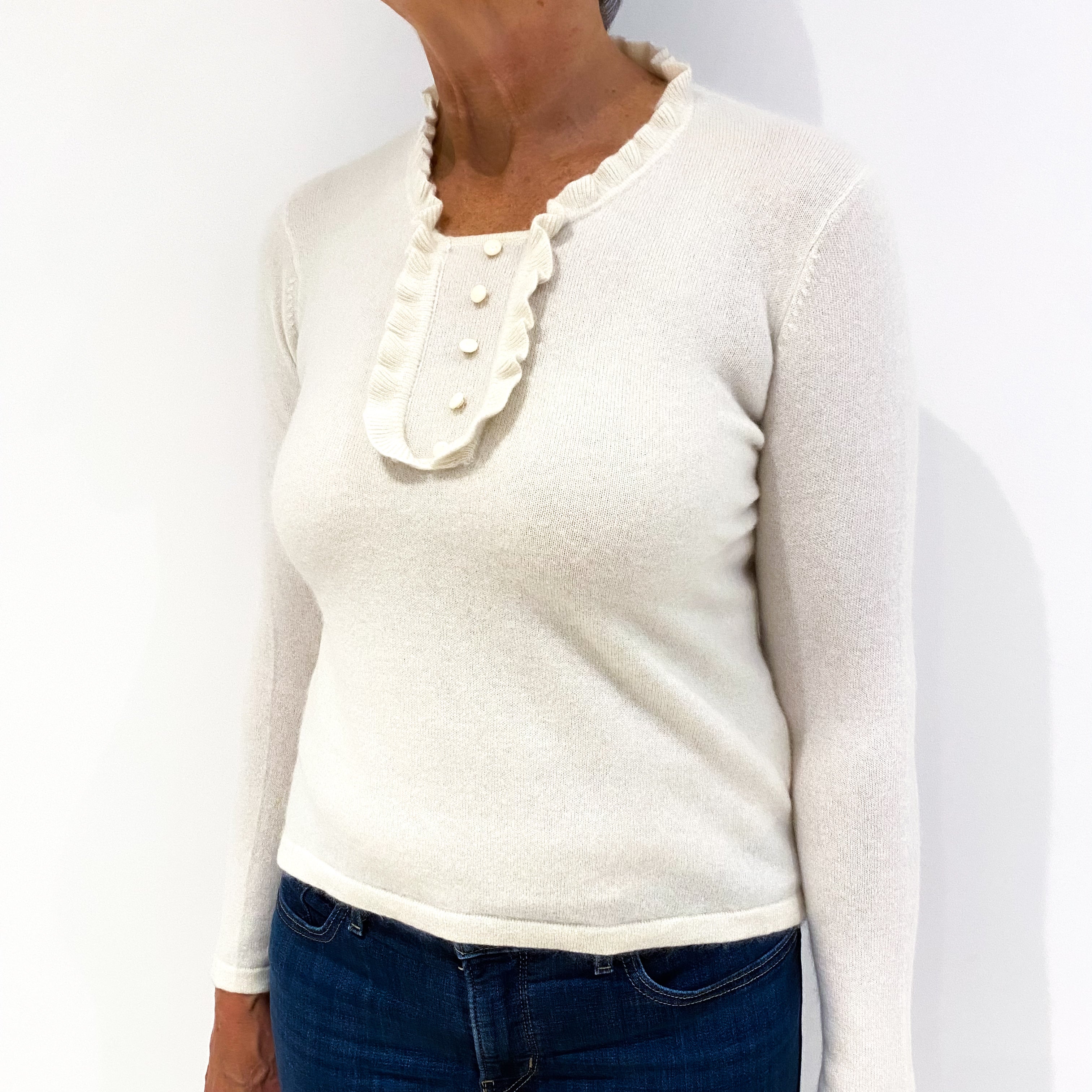 Cream Ruffle Neck Cashmere Crew Neck Jumper Medium