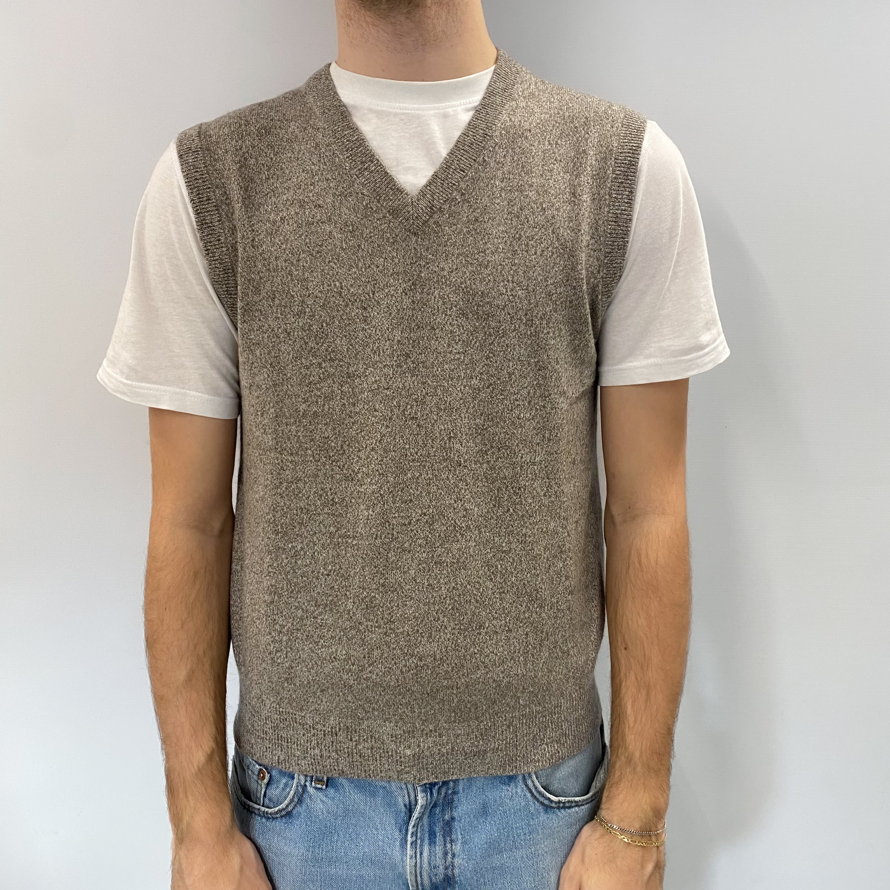 Men's Mink Marl Cashmere V Neck Tank Top Medium