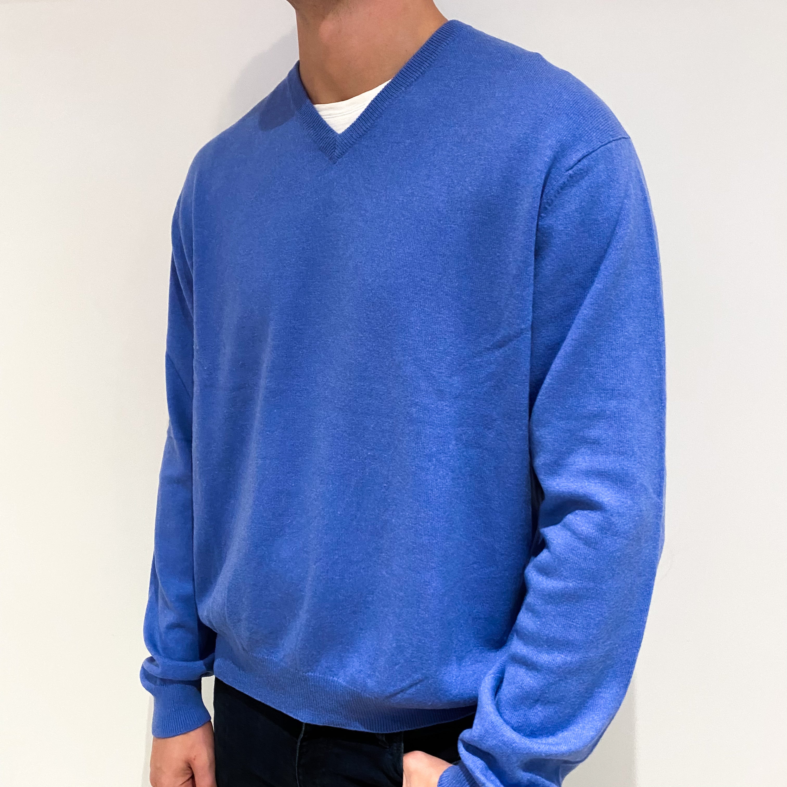 Men's Cornflower Blue Cashmere V-Neck Jumper Extra Extra Large