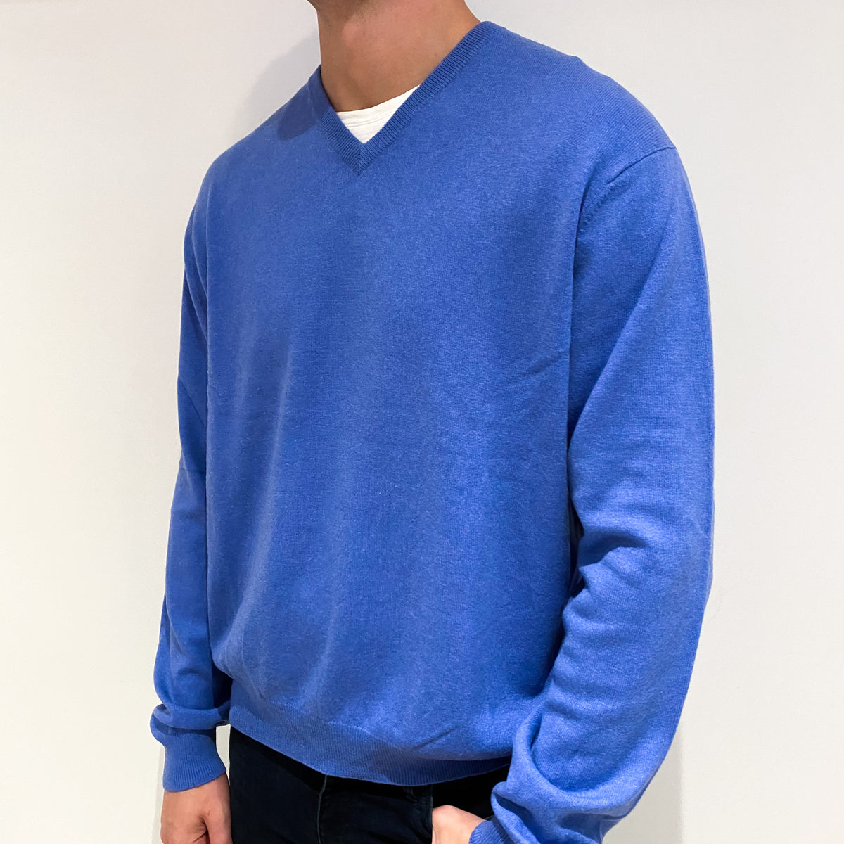 Men's Cornflower Blue Cashmere V-Neck Jumper Extra Extra Large