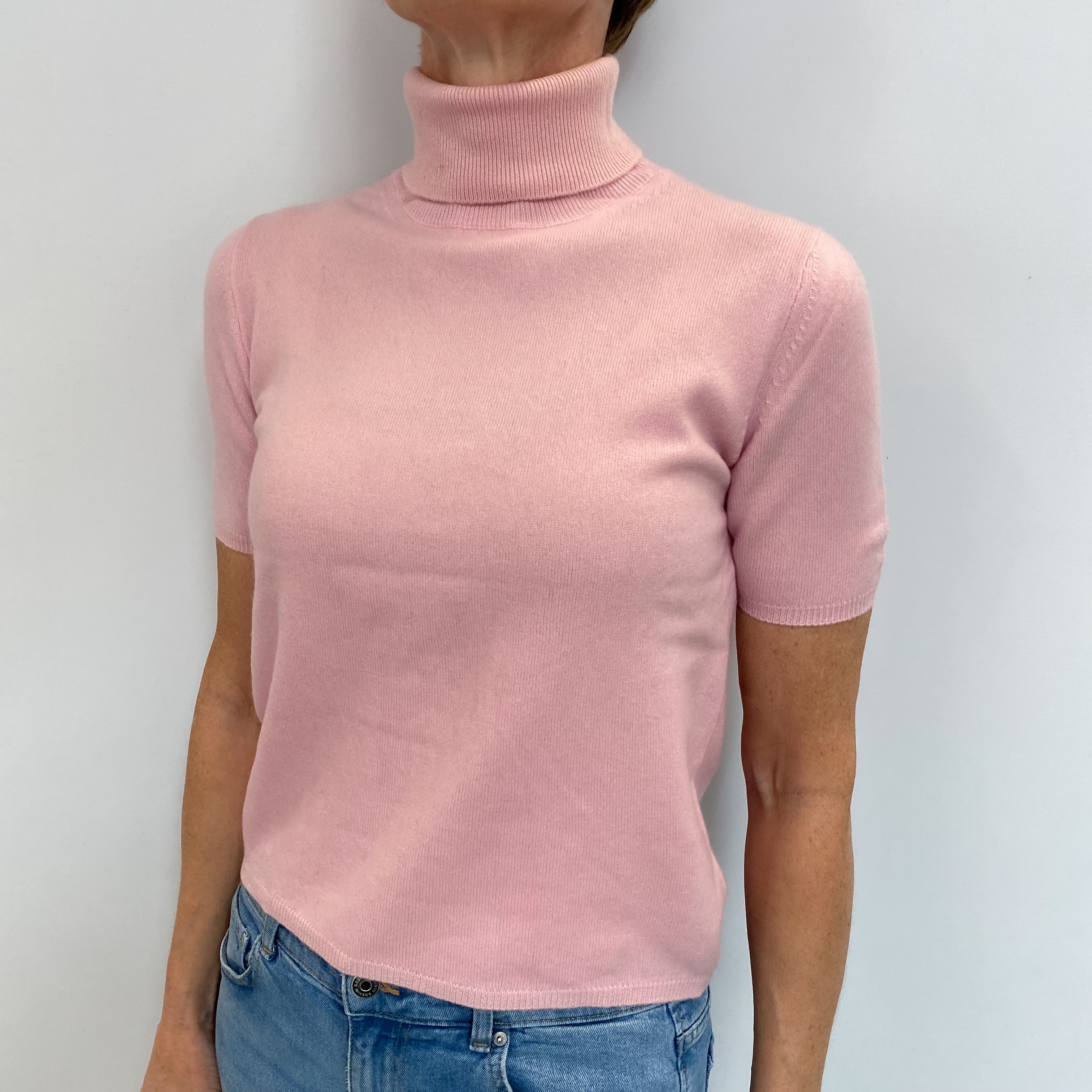 Carnation Pink Cashmere Short Sleeved Polo Neck Jumper Small