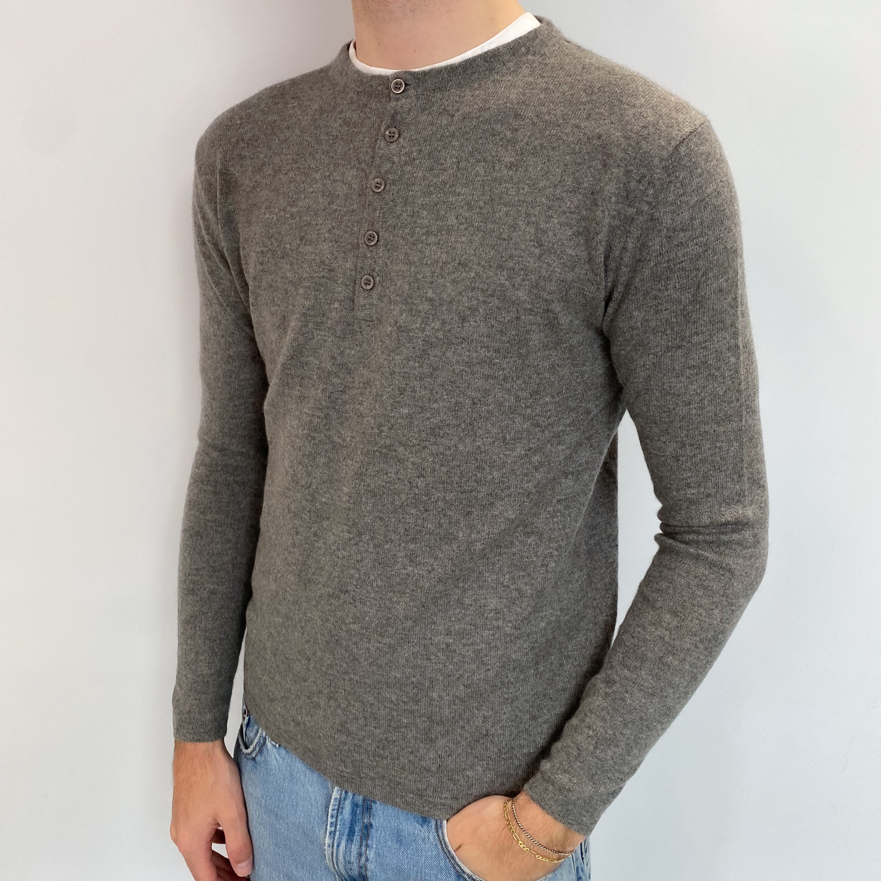 Men's Ash Grey Cashmere Buttoned 1/4 Crew Neck Jumper Medium