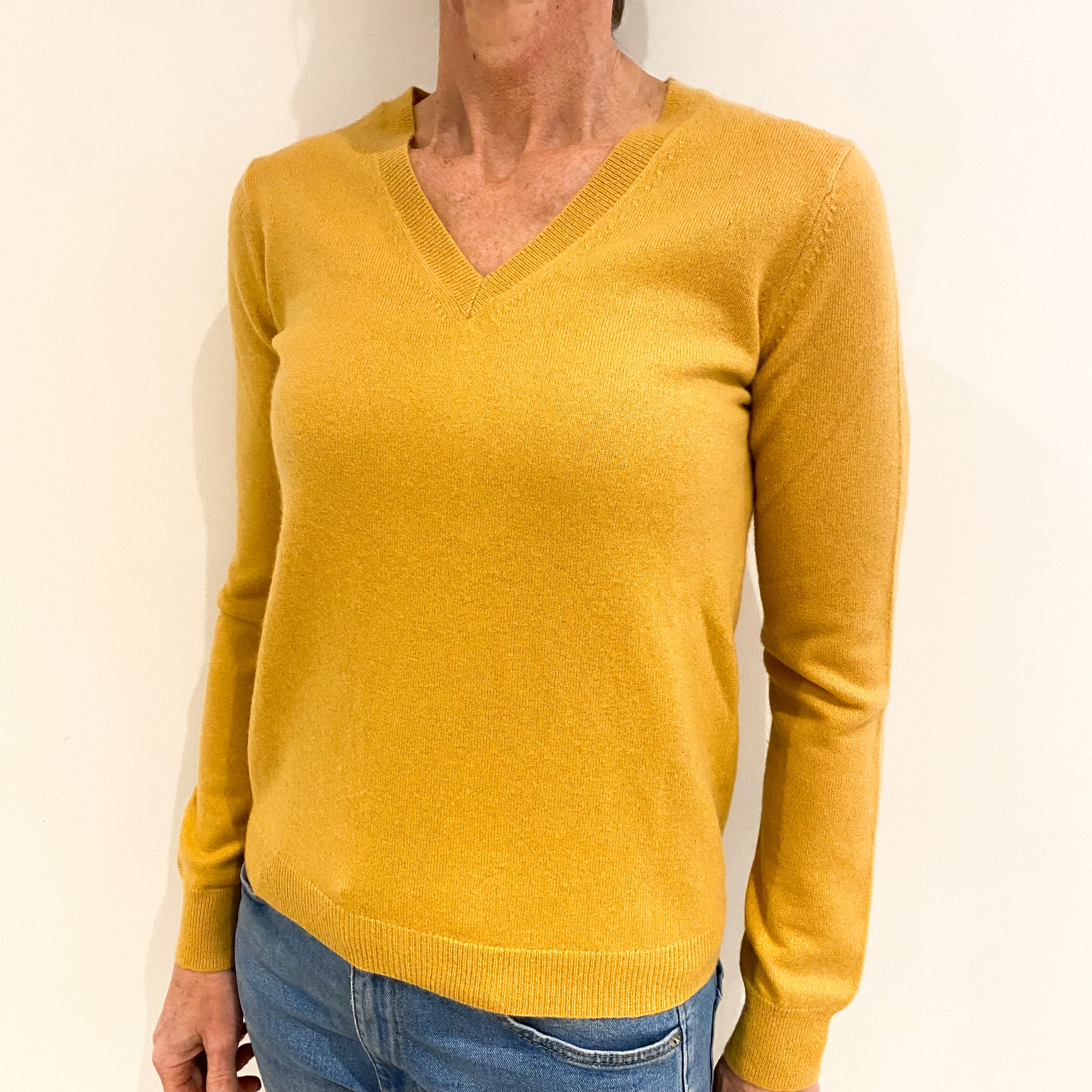 Mustard Yellow Cashmere V Neck Jumper Small